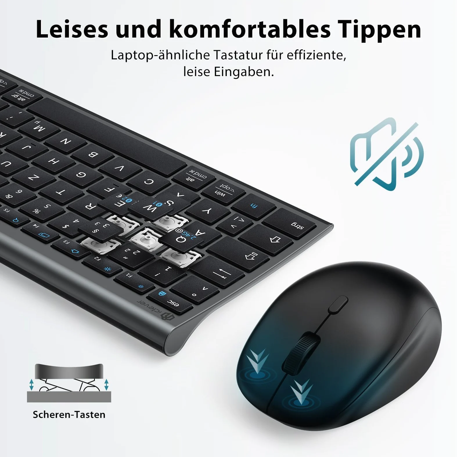 iClever Tastiera Bluetooth con mouse, set di mouse senza fili, doppia modalità ricaricabile (Bluetooth 5.0 + 2.4 G), tastiera wireless, per PC/laptop, layout QWERTZ, grigio