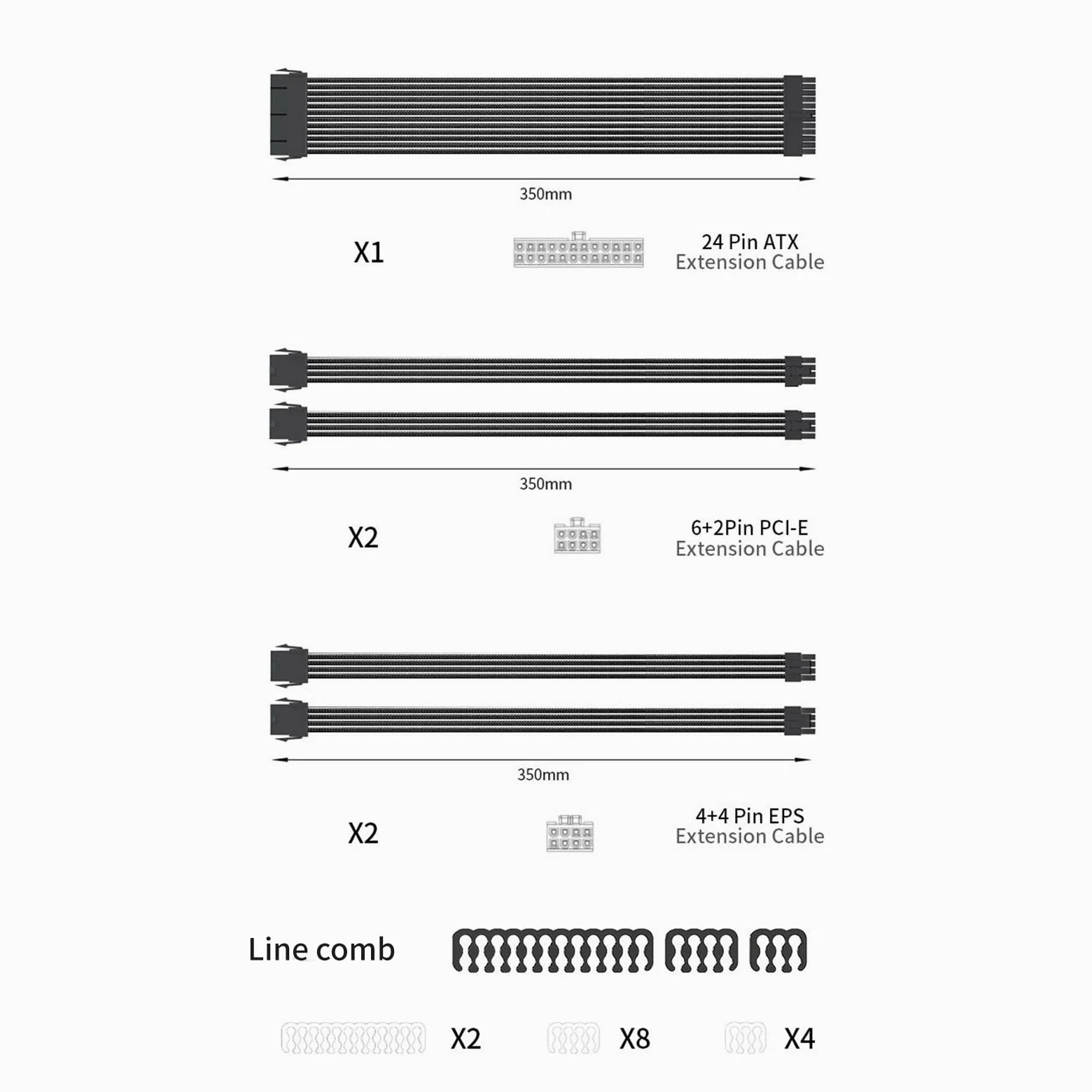 Cavo di alimentazione con manicotto per PC, set di cavi di prolunga da 35 cm, 24 pin, GPU, PCIE, 6+2 pin, 8 pin, CPU 4 + 4 pin, 18 AWG, cavo di alimentazione in nylon intrecciato