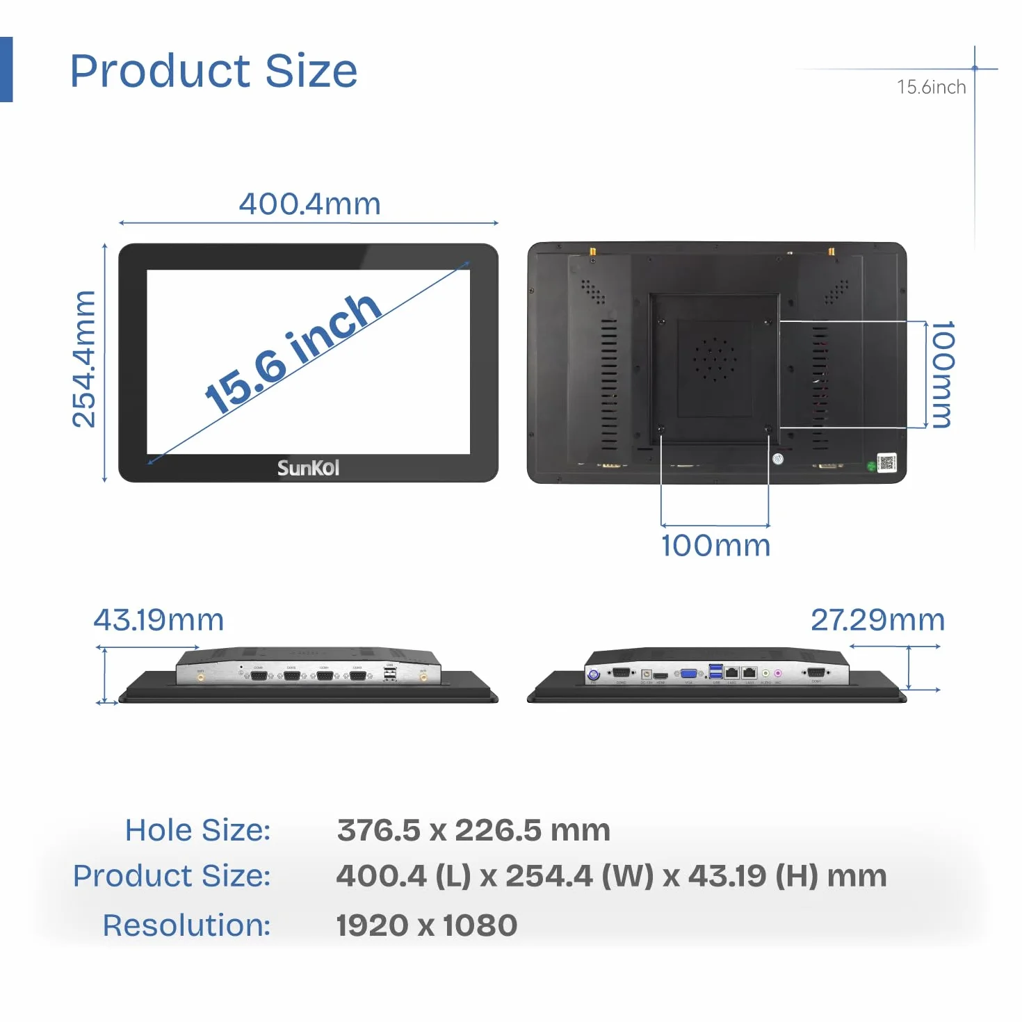 15,6 Pollici Embedded Industrial Panel PC,IP65 Capacitivo 1920 * 1080 Touch Screen,VESA,Winows 10 Computer per Automazione,HDMI,2xLAN,4xUSB,6xRS232,VGA(I5-3210M,8GB-DDR3 RAM 256GB SSD)