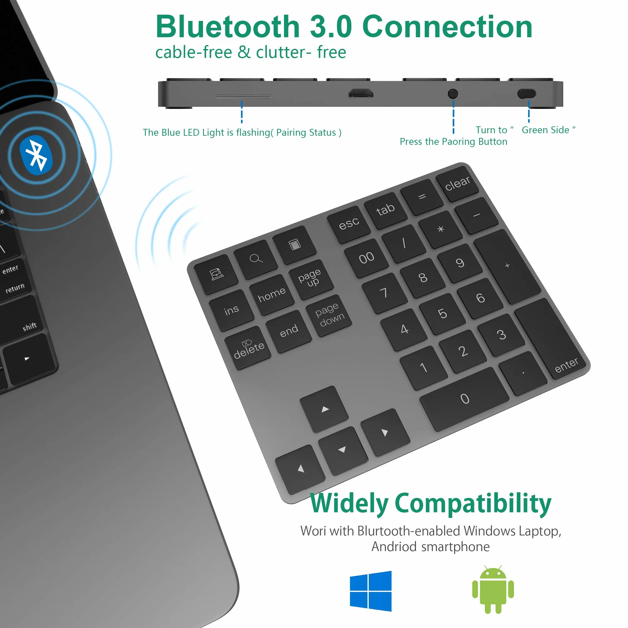 Tastierino Numerico Bluetooth, Wireless Bluetooth con più Scorciatoie Tastiera 34 Tasti Portatile Sottile per iP ad/M ac/Laptop/PC Compatibile con Windows Android iOS System