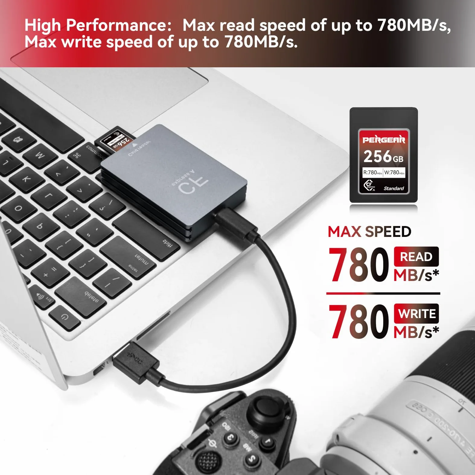 Pergear 256GB CFexpress tipo A da Scheda di Memoria, Velocità di Lettura Fino a 780 MB/s e Velocità di Scrittura 780 MB/s per Registrazione 4K 120P, 8K 30P, (Serie Standard)