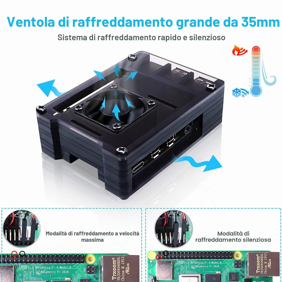 Case per Raspberry Pi 4 con Ventola, 5.1V 3A USB-C Alimentatore, 4 Dissipatore, 1.8M Micro-HDMI Cavo, USB Lettore di Schede, Micro HDMI to HDMI Adattatore per Raspberry Pi 4 Modello B
