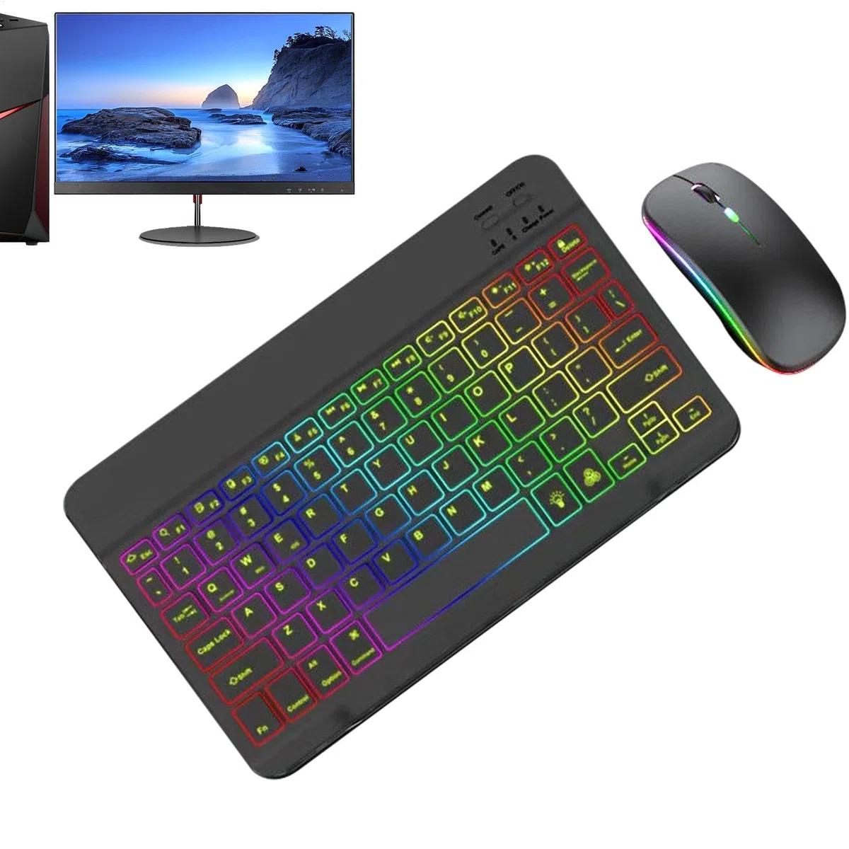 Tastiera wireless e retroilluminazione del - 2 modalità di luce tastiera con set di RGB a 7 colori | Tastiera ergonomica e combo del per laptop, PC e tablet, elegante e funzionale pe