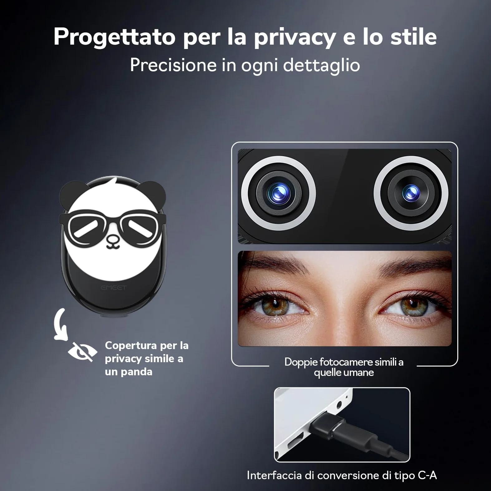 EMEET Piko+ Webcam 4K, la Prima Webcam 4K con Doppia Fotocamera AI al Mondo, 3 Microfoni e 3 Modalità Audio, Cover Magnetica per la Privacy Panda, per Gli Streamer Live