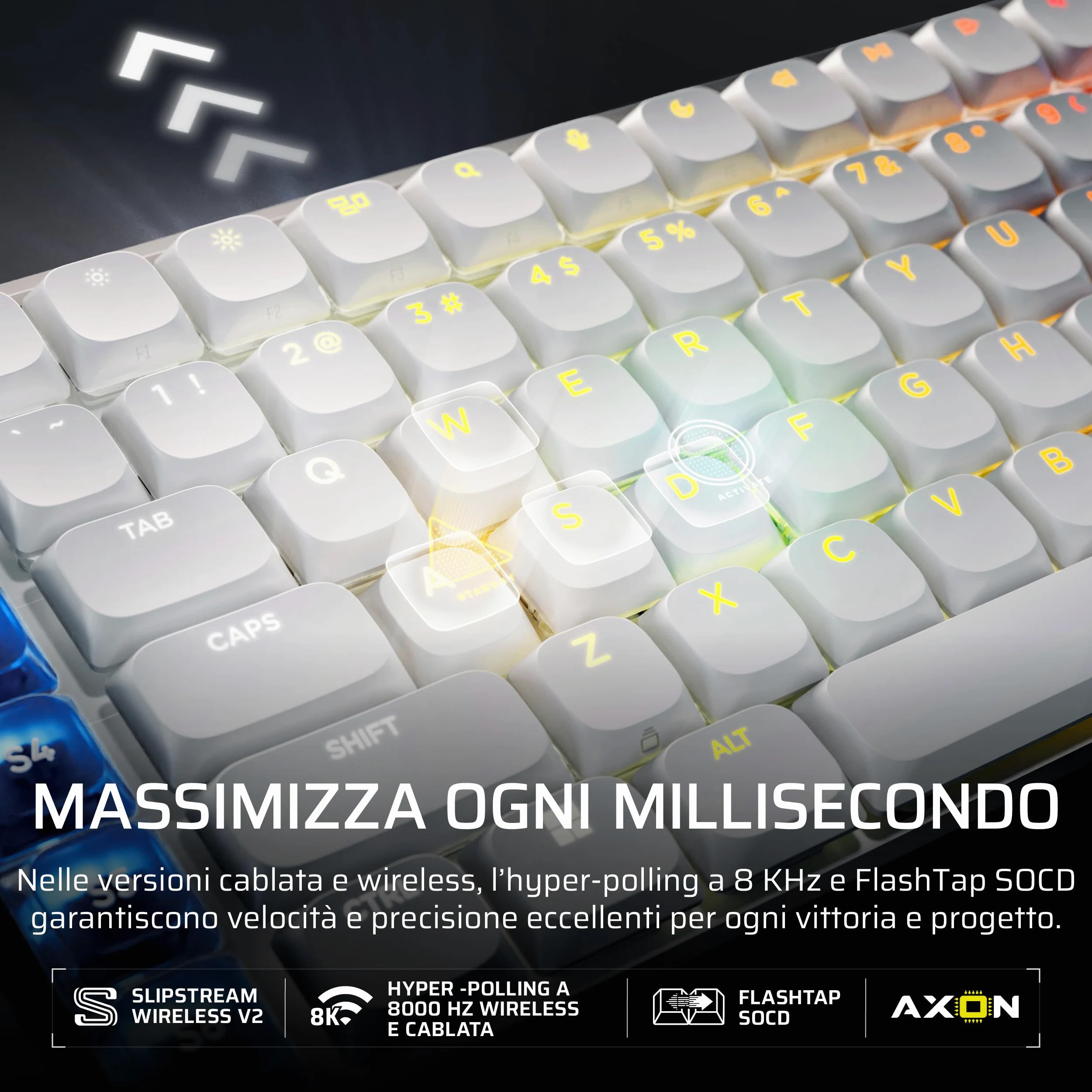 Corsair VANGUARD AIR 99 WIRELESS Tastiera Da Gioco a Basso Profilo – Bianco | Ottico-Meccanica RGB, QWERTY IT, Layout al 99%, Interruttori OPX, Polling 8000 Hz, Integrazione Stream Deck, Flashtap SOCD