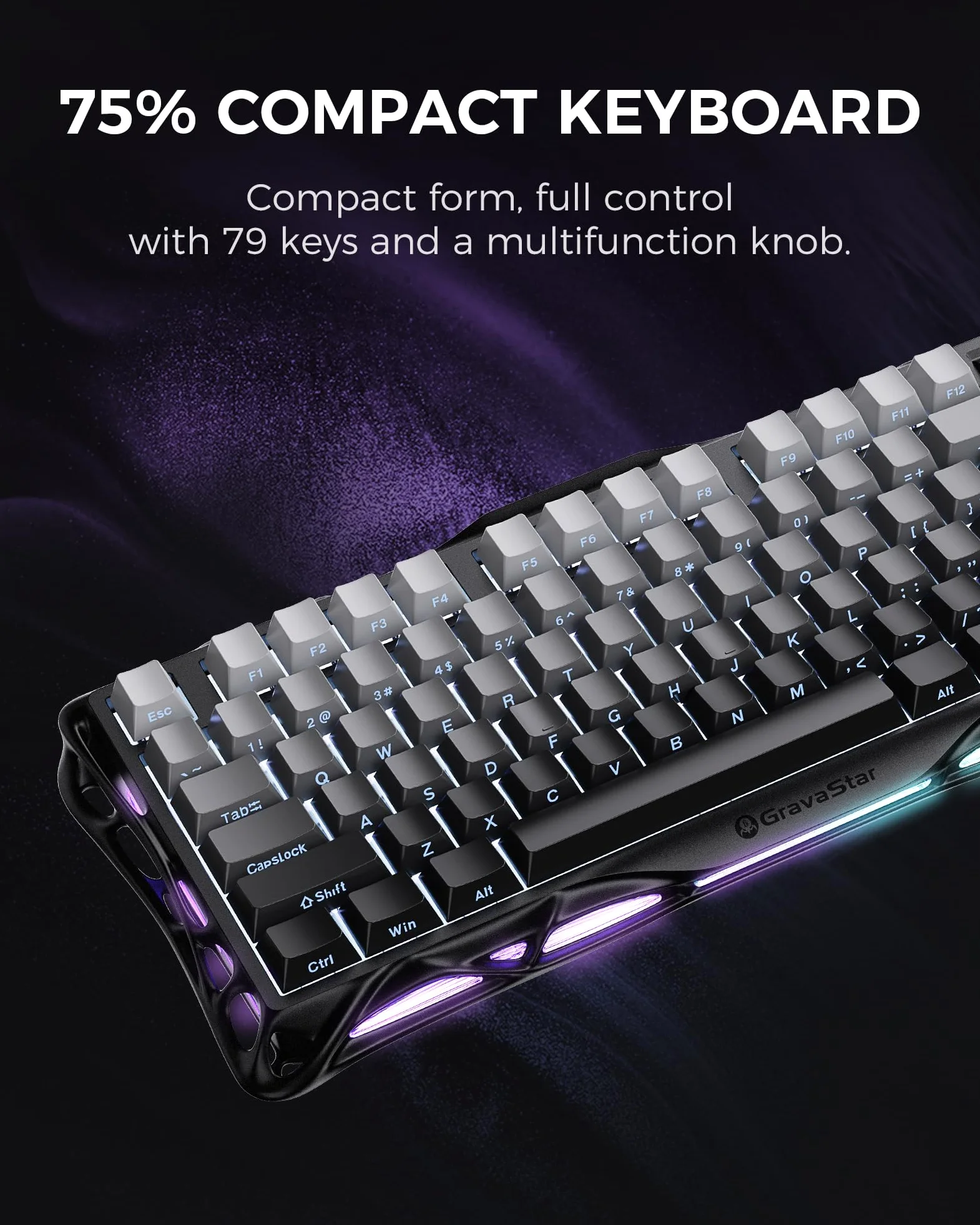 GravaStar per Dad Mercury K1 75% Tastiera da gioco meccanica senza fili, design esoscheletro in lega di alluminio, guarnizione tastiera personalizzata presa hot-swap (Nero sfumato)