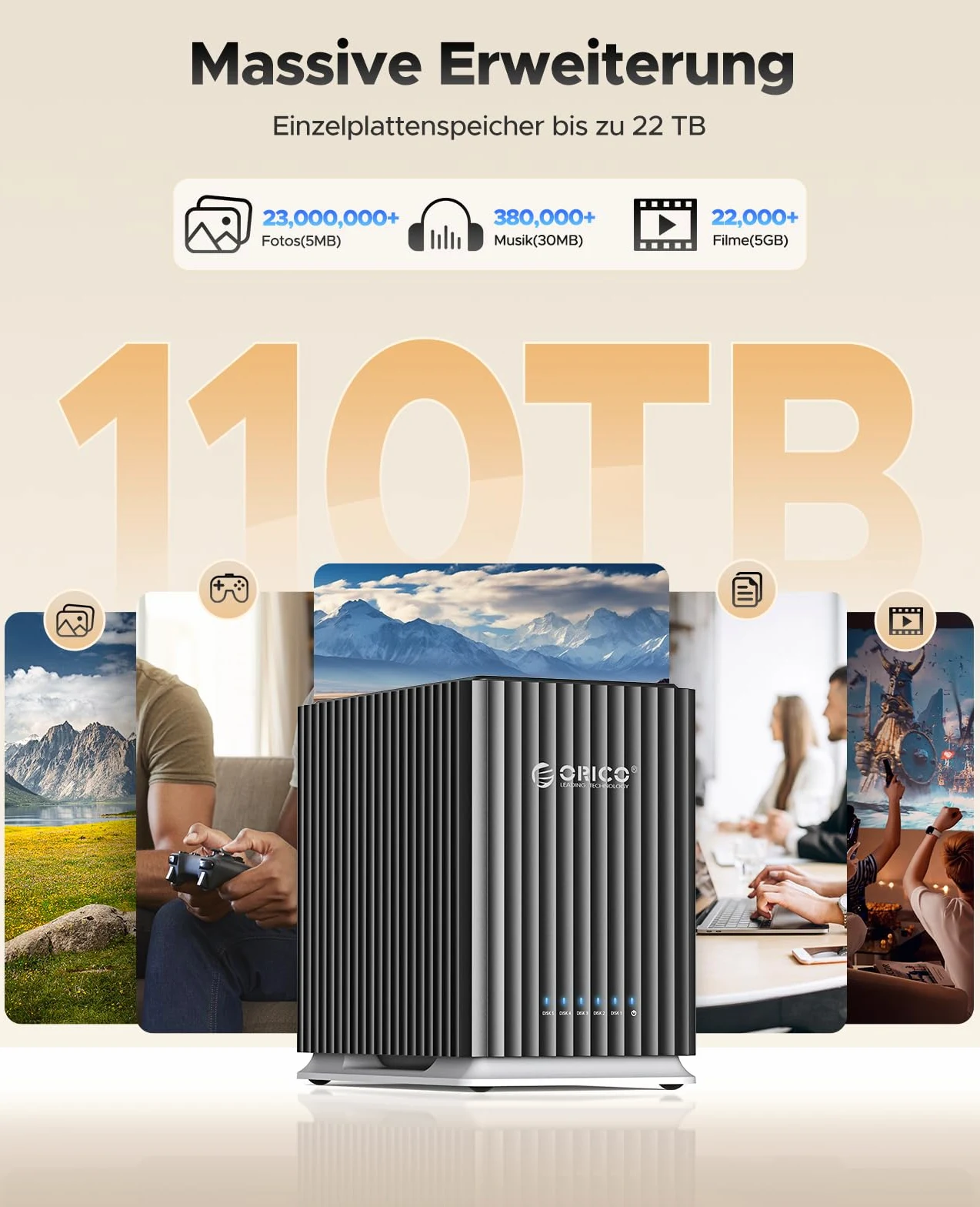 ORICO USB 3.1 Type-C Docking Station per Hard Disk, 5 Bay Custodia con Adattatore 12V/10A, Capacità Max. 110 To per Gestione Dati Personali- 9758C3