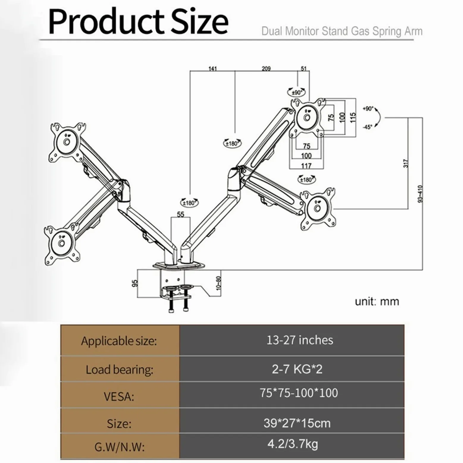 Supporto da scrivania per monitor Supporto for monitor doppio - Supporto da scrivania for monitor con braccio doppio con molla a gas regolabile in altezza, adatto a due schermi da 13~27", ciascun brac