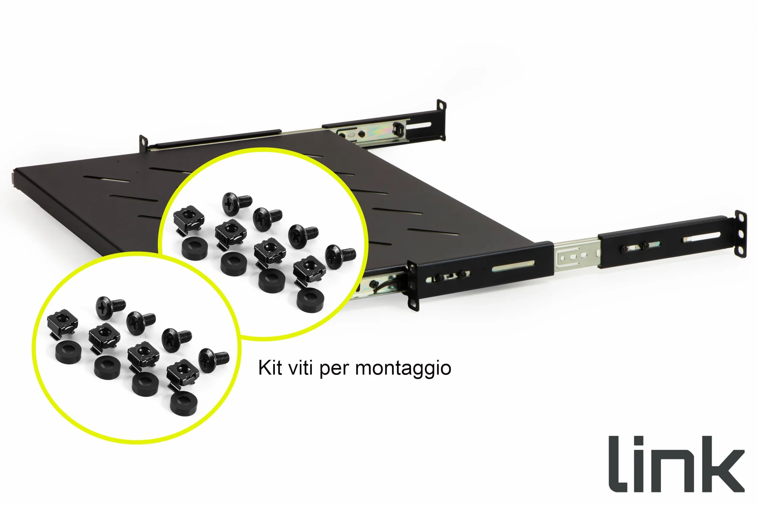 Link LKRIP350EN - Mensola Estraibile per Armadio Rack 19 Pollici Universale (48x35x4,5 cm, Nero RAL9005) – Acciaio Traforato per Ventilazione – Portata 40 kg e Kit Montaggio Incluso