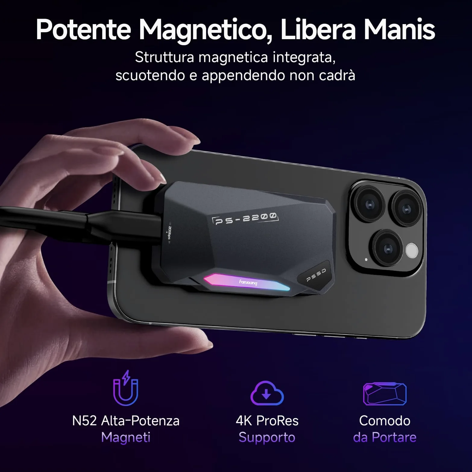 fanxiang 2TB SSD Esterno Magnetico，Fino a 2050MB/s, USB 3.2 Gen2 USB-C, SSD Portatile con RGB LEDs, 4k ProRes HDR, Unità a Stato Solido Esterna per iphone15/16, Android/Pc/Mac-PS2200