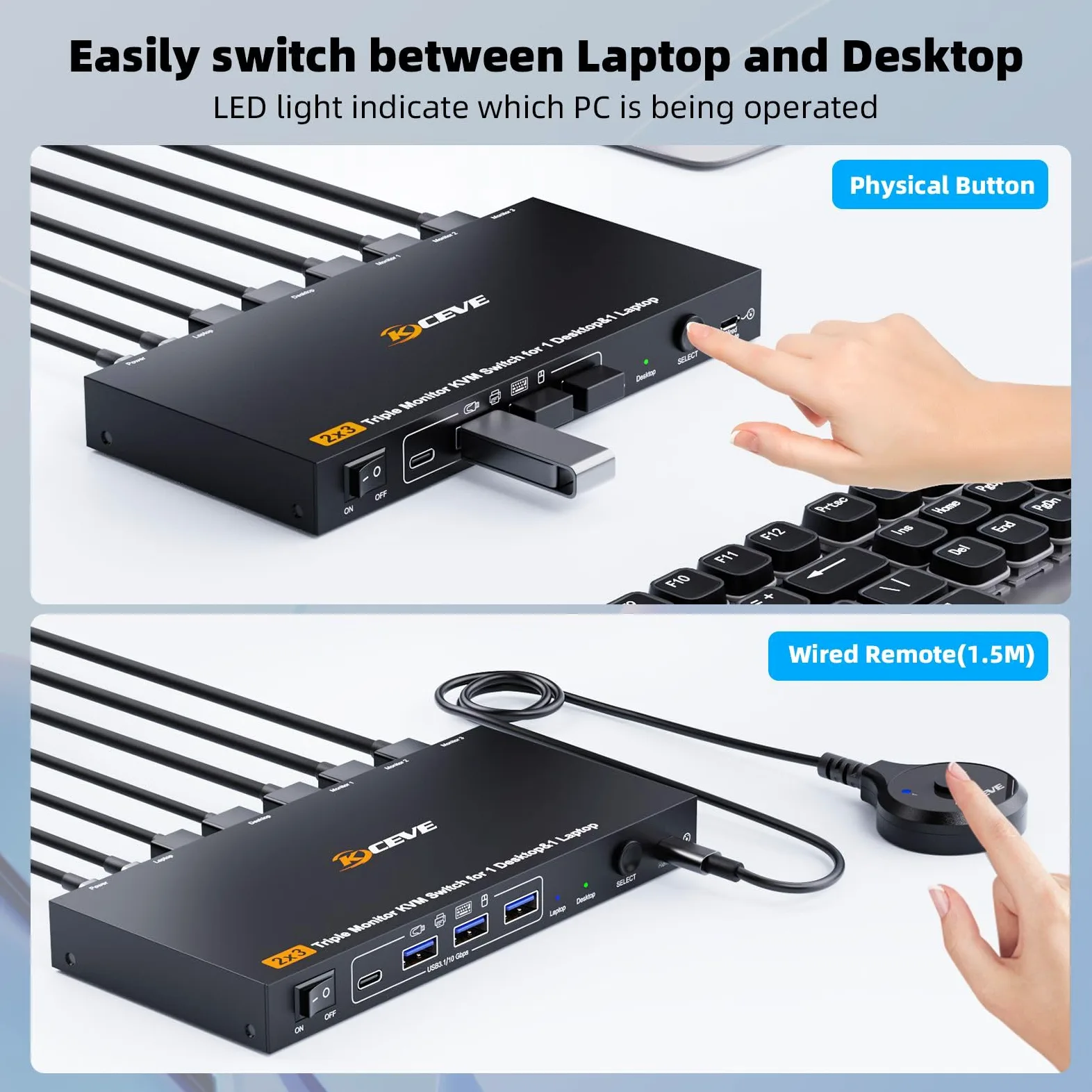 Triple Monitor KVM Switch per 1 Laptop 1 Desktop, USB 3.1 KVM Switch 2 PC 3 Monitor USB C HDMI DP Condividono 4 USB ports, 100W PD, 4K@60Hz, MST, Wired Remote(4K USBC DP HD 2 in 3 out)