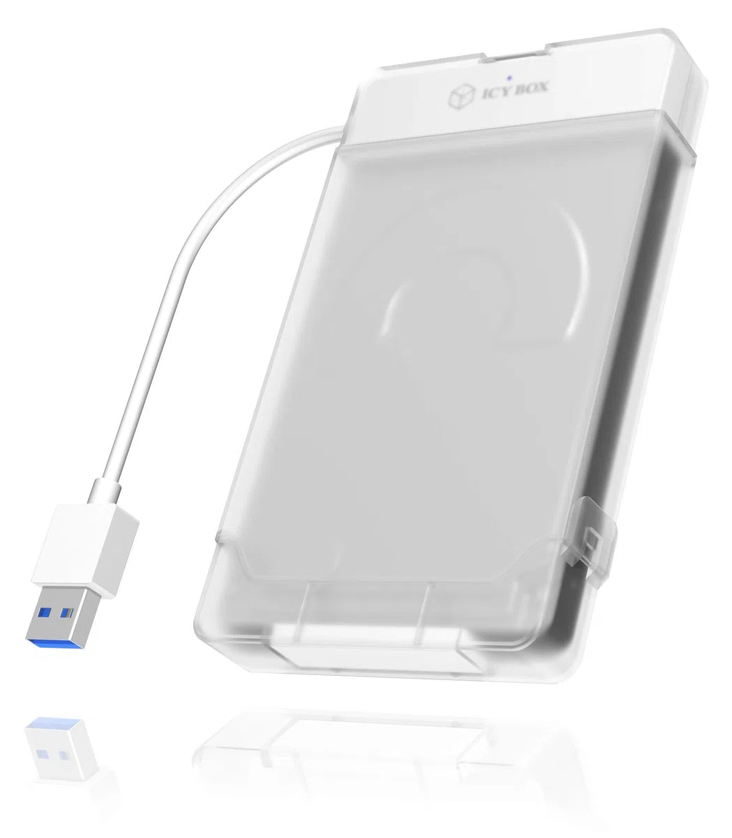 Icy Box IB-AC703-U3 Adattatore da USB 3.0 (UASP) a SATA per 2,5” (6,35 cm) HDD/SSD con Protezione per Adattatore & unità, SATA III, Bianco/Trasparente