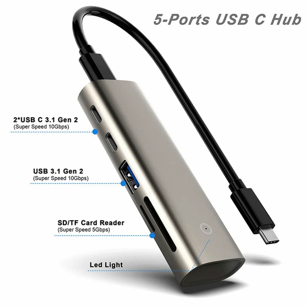 Adattatore Hub USB C in lega di alluminio USB C Splitter Hub a 6 porte 1 A 5 USB 3.1 Gen 2 Adattatore multi-porta per Notebook Desktop
