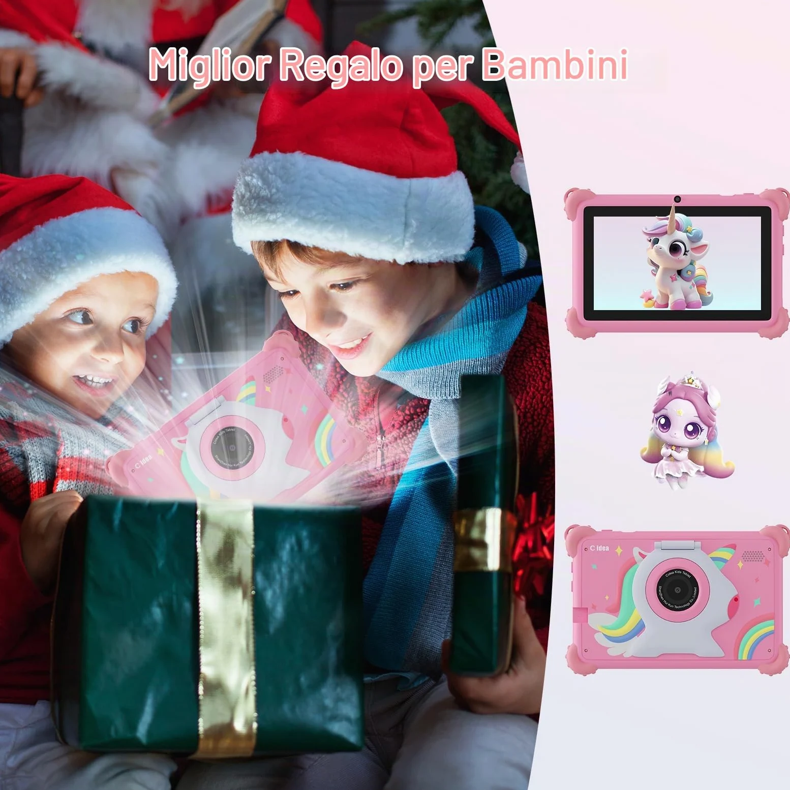 C idea Tablet per bambini Android 15, schermo 7 pollici 1024 x 600, 6 GB (3+3) di RAM + 32 GB di ROM, batteria 2500 mAh, applicazioni per bambini preinstallate, compatibile WiFi e Bluetooth (rosa)