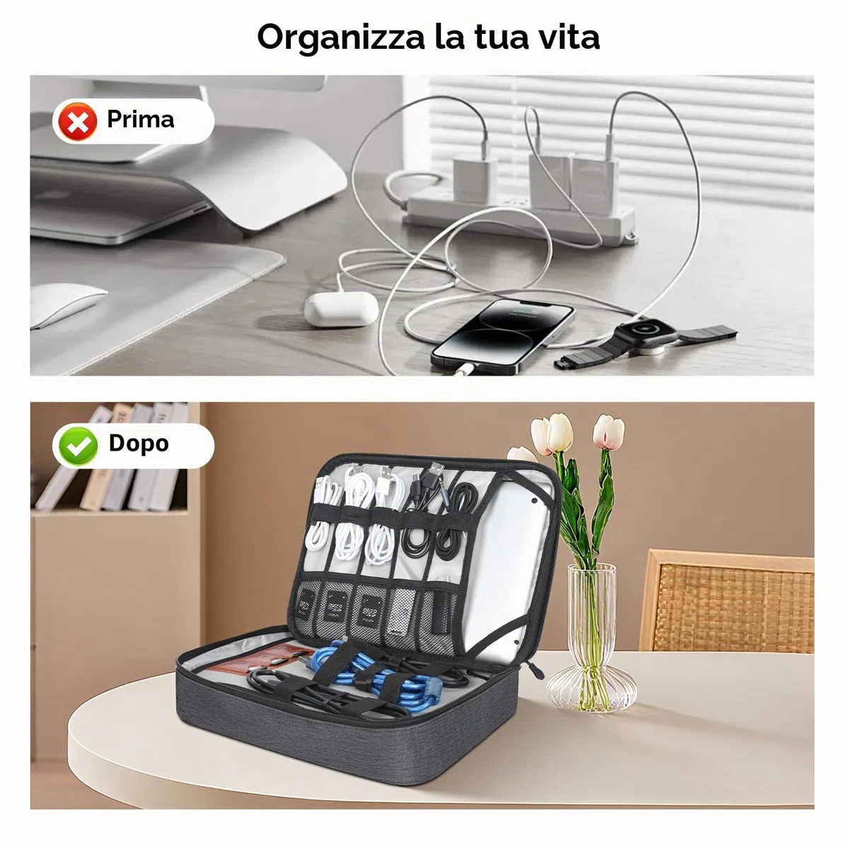 Cozary Organizzatore di Cavi, Organizer Viaggio per Accessori Elettronici, Organizer Cavi, Doppio Scomparto con 5 Cinghie, per Cavi USB, Schede SD, Caricabatterie, Disco Rigido