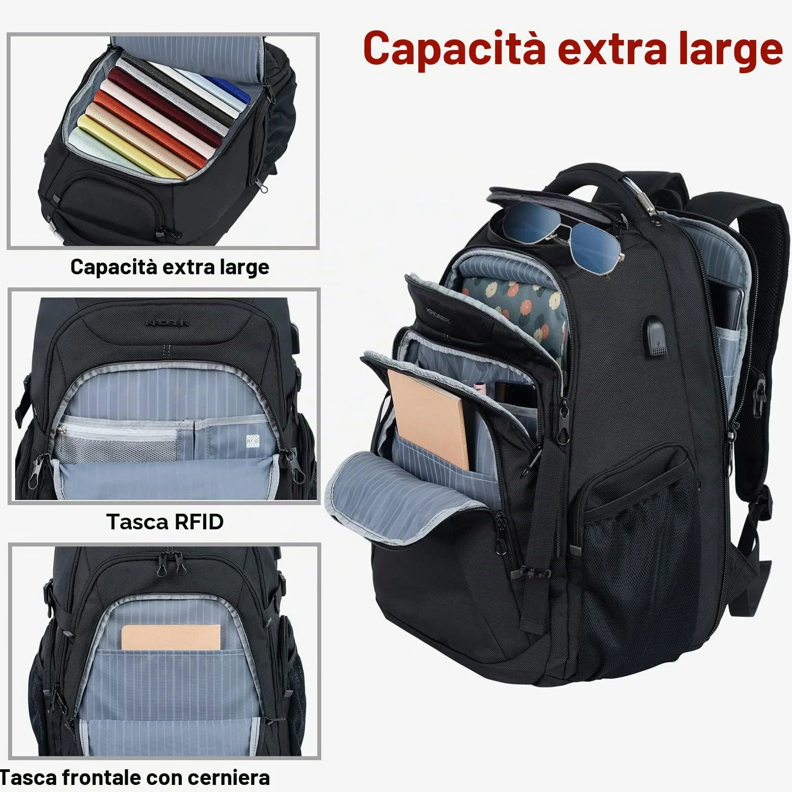 KROSER Zaino Business Porta Pc Zaino Per Laptop da 17,3 Pollici XL Zaino per Computer con Tasche RFID Saferoom con Guscio duro Daypack Idrorepellente Scuola Borsa per Laptop Viaggio/Uomo/Donna-Nero