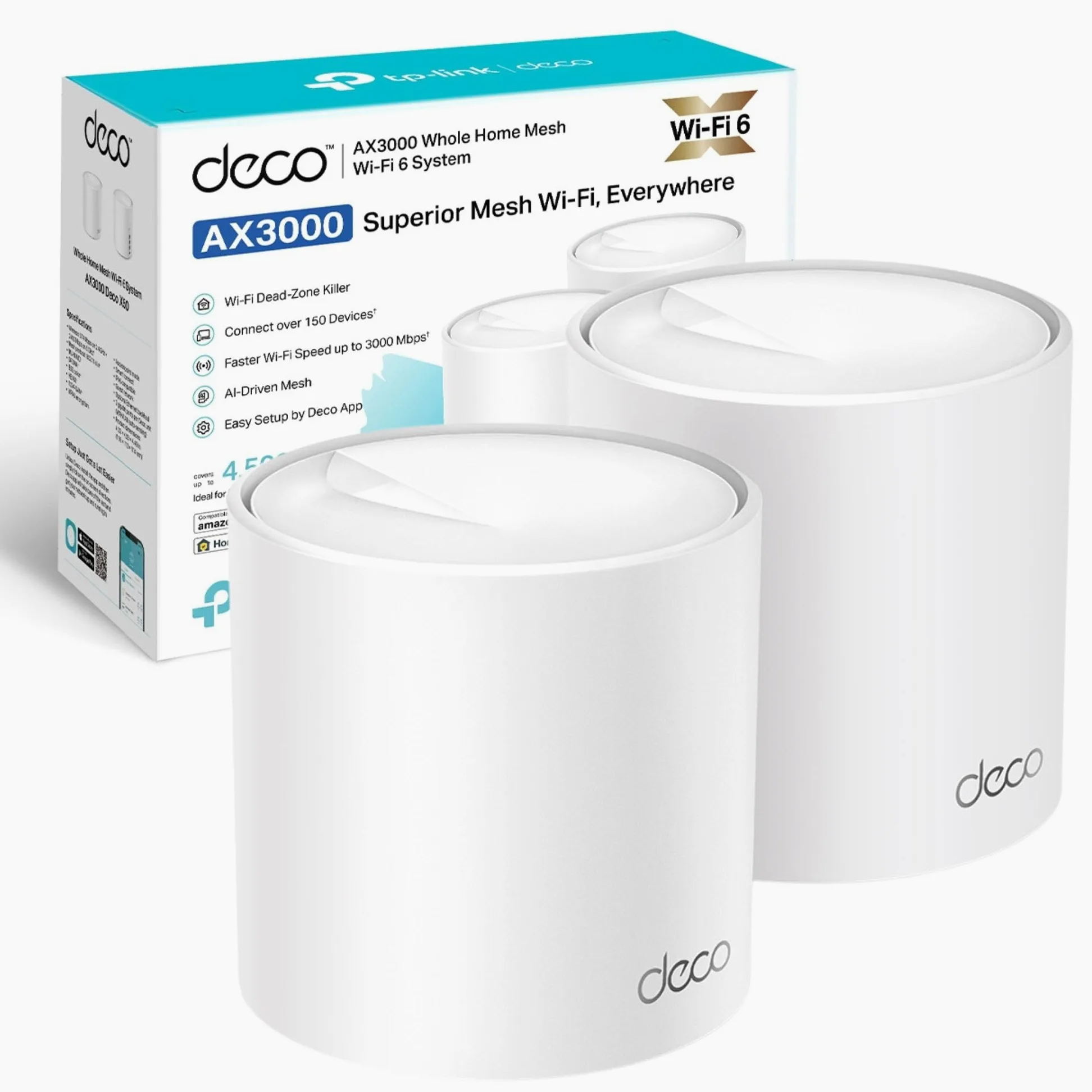 TP-Link Deco X50 AX3000Mbps Sistema WiFi 6 Mesh basato su intelligenza artificiale per tutta la casa, Booster WiFi dual-band con 3 porte Gigabit, copertura fino a 4.500 ft2, collega fino a 150