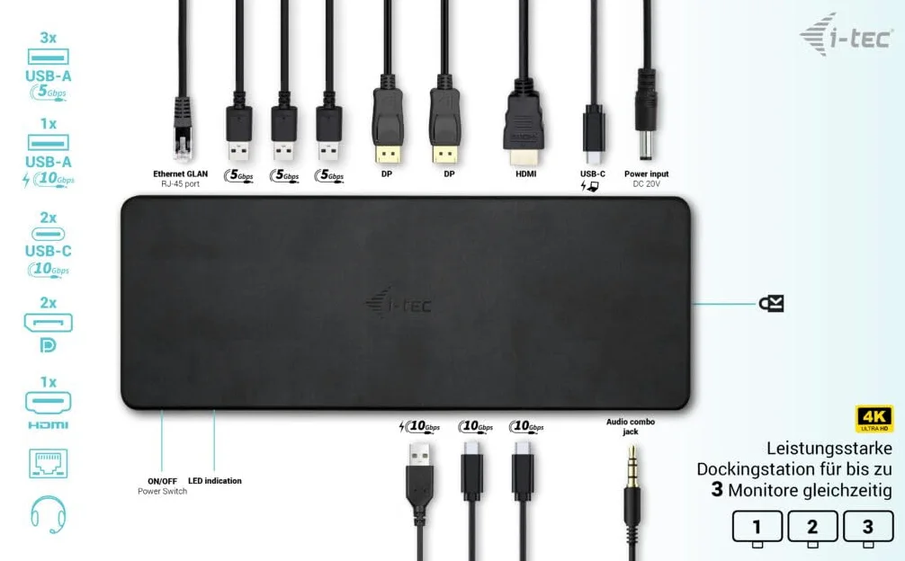I-Tec UsB-C Triple Display Docking Station Gen 2 Pro + Power Delivery 100w - Kabelgebunden - Usb 3.2 Gen 1 (3.1 Gen 1) TypE-C - 100 W - 3,5 Mm - 10,1