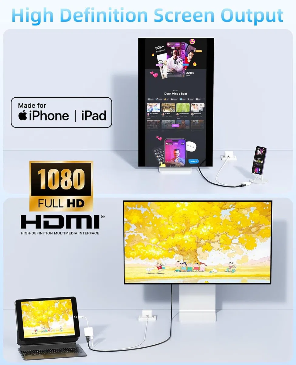 [Certificato Apple MFi] Adattatore da Lightning a HDMI per iPhone/iPad, cavo convertitore digitale AV 1080P, adattatore Plug & Play iPhone a HDMI per TV/Proiettore/Monitor – senza alimentazione