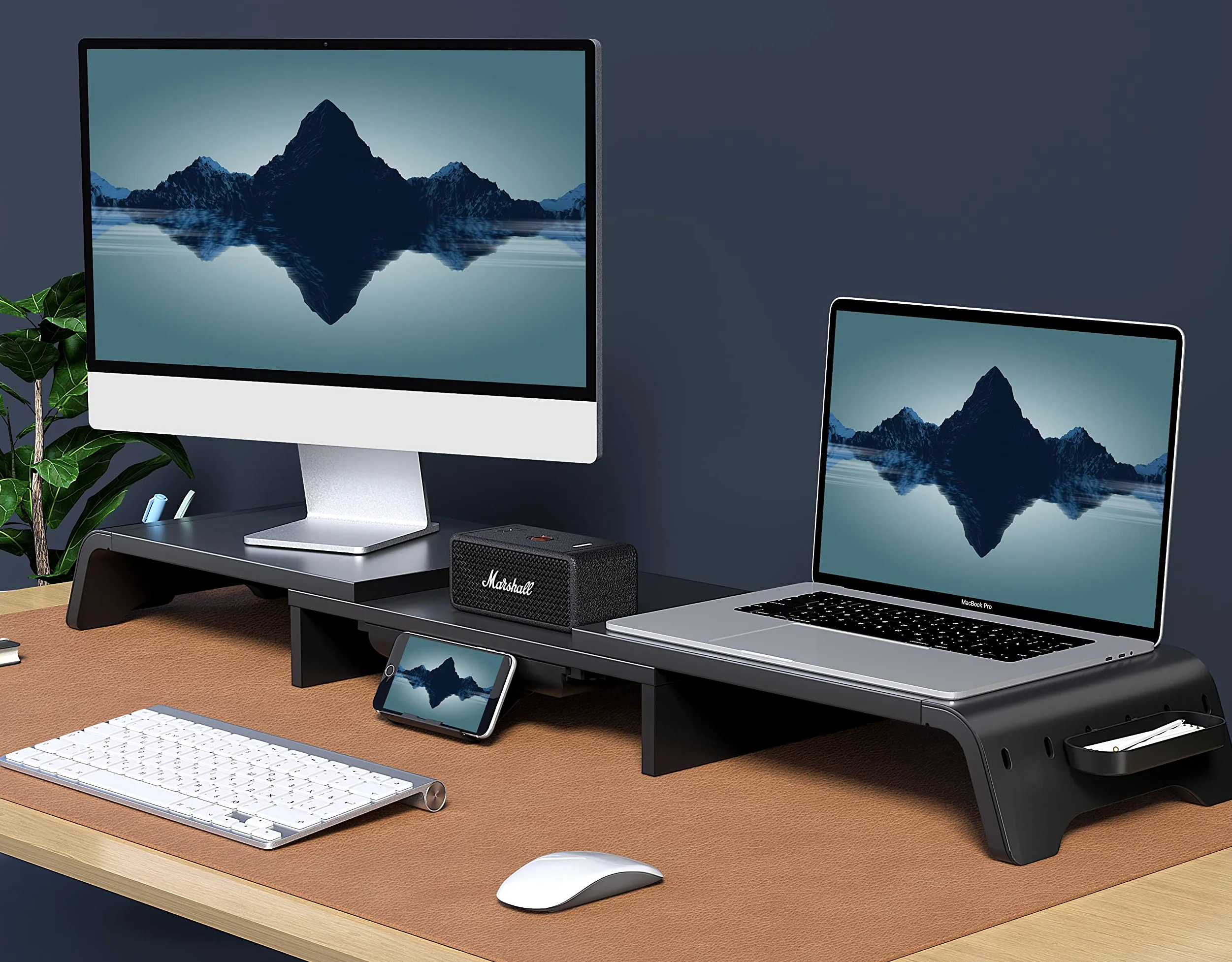 Fenge Supporto Monitor Regolabile in Lunghezza e Angolazione per 2 Monitor Supporto per Monitor in Legno con Cassetto, Scatole Di Stoccaggio Mobili 74-107x 23,5x 8,9cm Nero G04B1102B