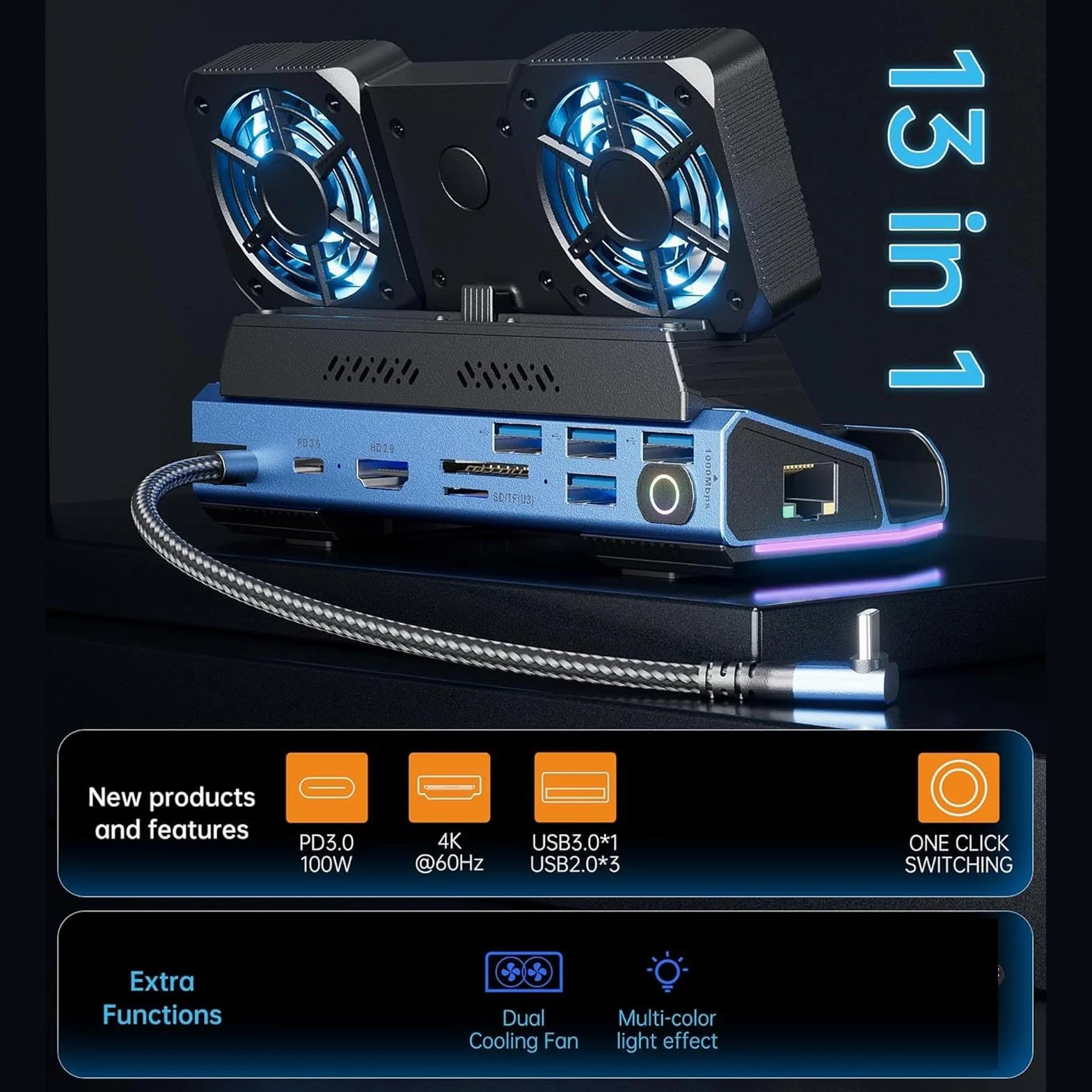 Docking Station 10 in 1, Doppie Ventole di Raffreddamento 100 W PD Gigabit Ethernet USB 3.0 5 Gbps NVMe Slot 4K 60 Hz HD Hub di Interfaccia Multimediale per Dispositivi di Gioco Portatili
