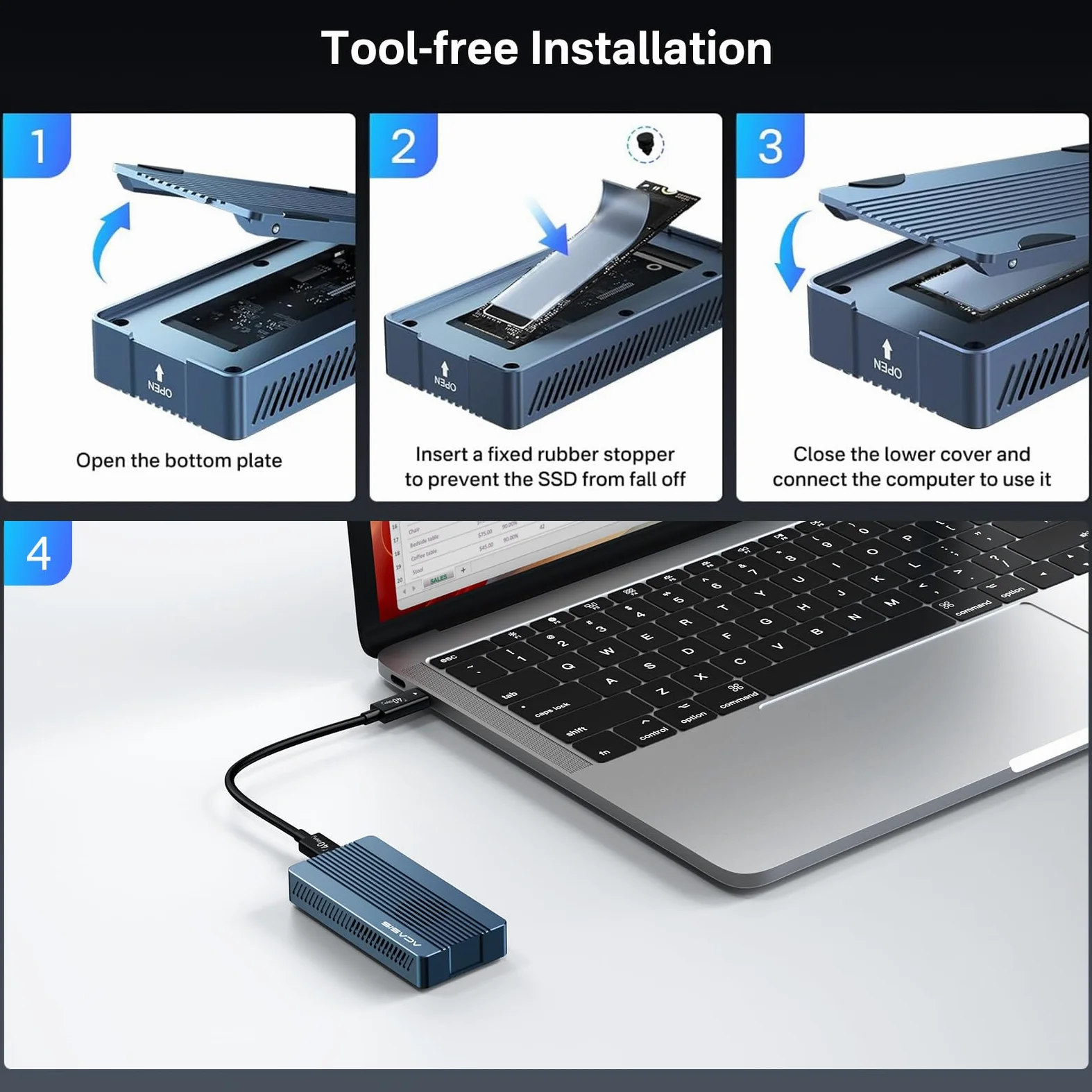 ACASIS Case M.2 NVMe 40Gbps con Ventola – Enclosure SSD Esterno Thunderbolt 4 / 3 USB4/3.2/3.1/3.0, Installazione Senza Attrezzi, per Dischi 2280/2260/2242/2230, Compatibile Mac M1/M2, iPad Pro e PC
