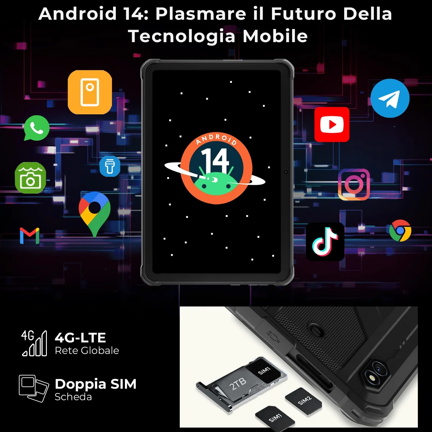 HOTWAV R8 Rugged Tablet 10.1 Pollici Android 14 Tablet PC Robusto 10800mAh, 12GB+128GB Octa-core 1TB Espandibile IP68/69K Tablet Impermeabile 13MP 4G Dual SIM 5G WiFi Face ID/OTG/GPS