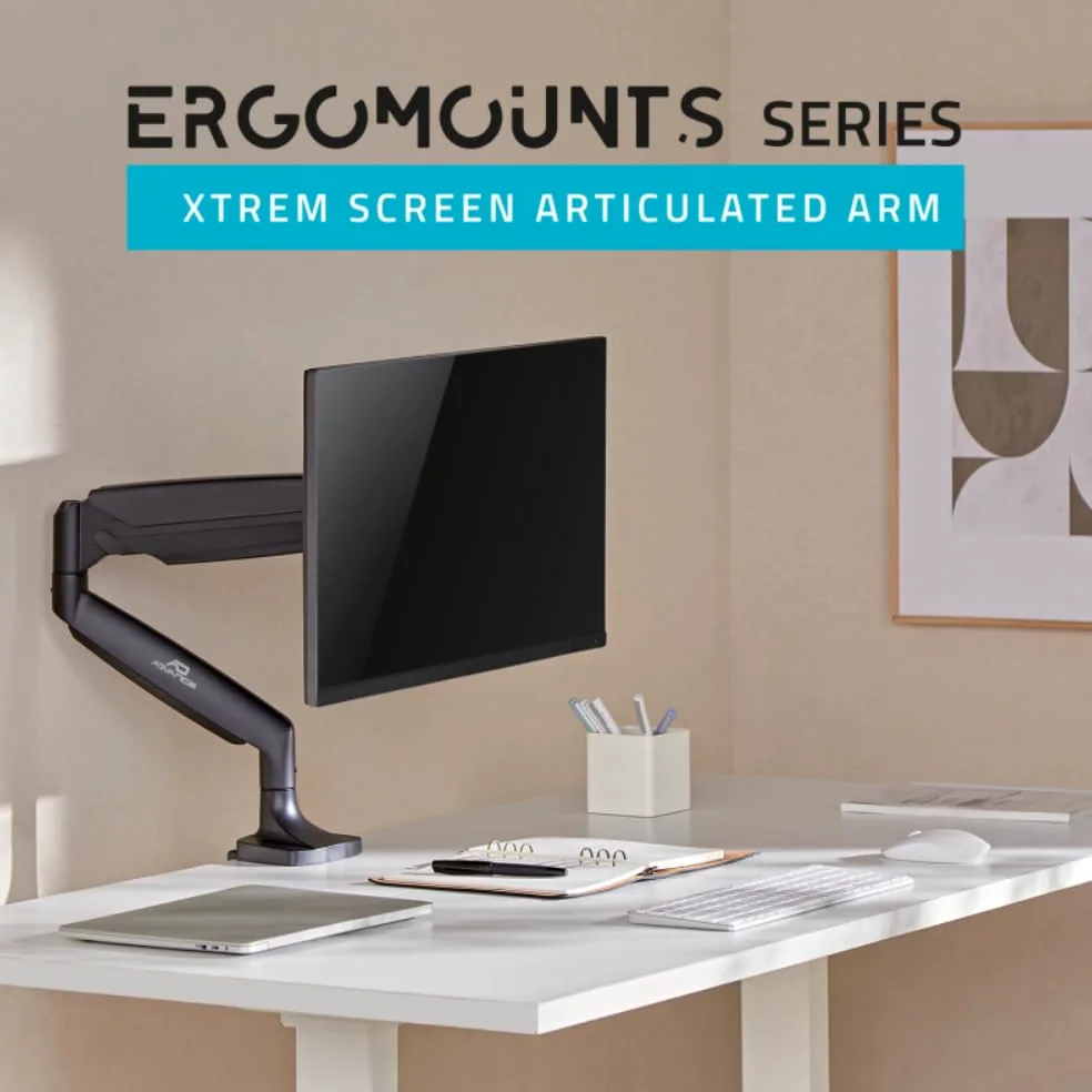 AD ADVANCE - ErgoMounts Xtrem, Supporto Monitor PC da 17“ a 45”, Compatibile VESA 75x75 e 100x100 mm, Chiusura a Gas, Braccio Articolato in Alluminio, Portata 13 kg, Altezza e Inclinazione Regolabili