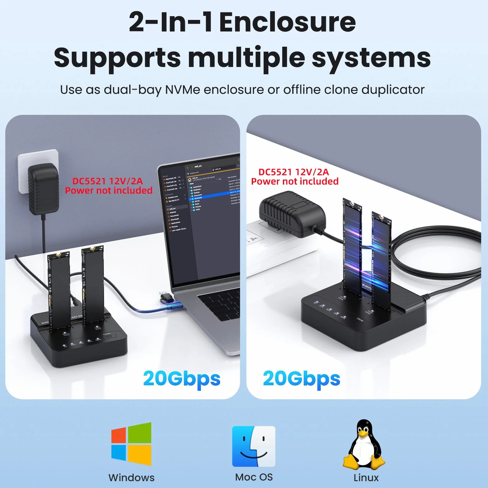 cablecc Dual-Bay Cloner 20Gbps NVME M.2 NGFF M-Key a USB-C One-Click Offline Clone Backup Enclosure Hyper Vertical Duplicator