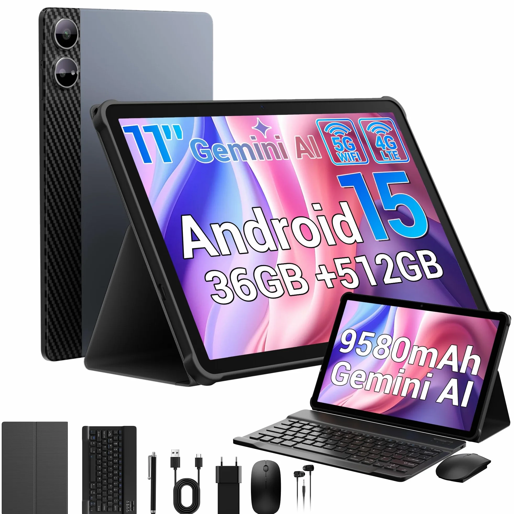 Tablet 11 Pollici Cellulare, 36GB RAM + 512GB ROM/1TB TF, 4G LTE Dual SIM + 5G WLAN, Octa Core Android 15 Tablet con batteria 9580mAh 13MP, GPS, GMS, con tastiera/penna/mouse/custodia/cuffie