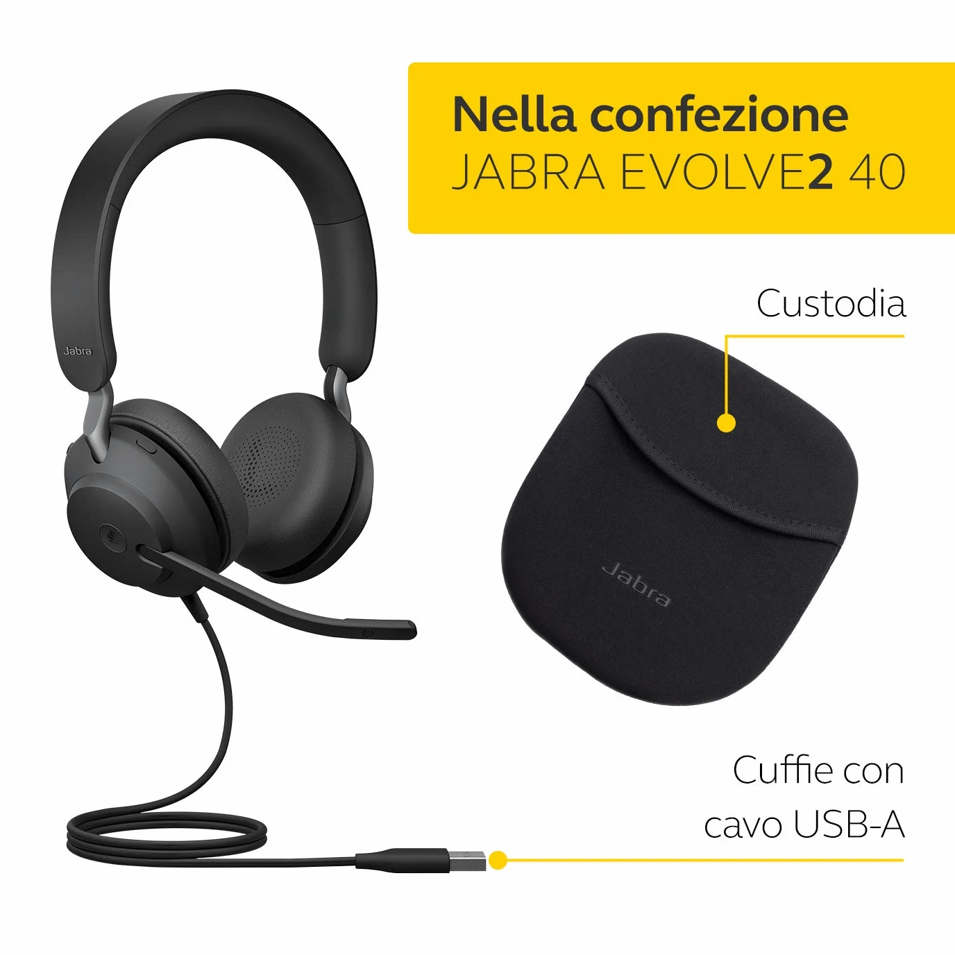 Jabra Evolve2 40 PC Headset – Noise Cancelling , USB-A, Tutte le piattaforme, Stereo, Prima edizione