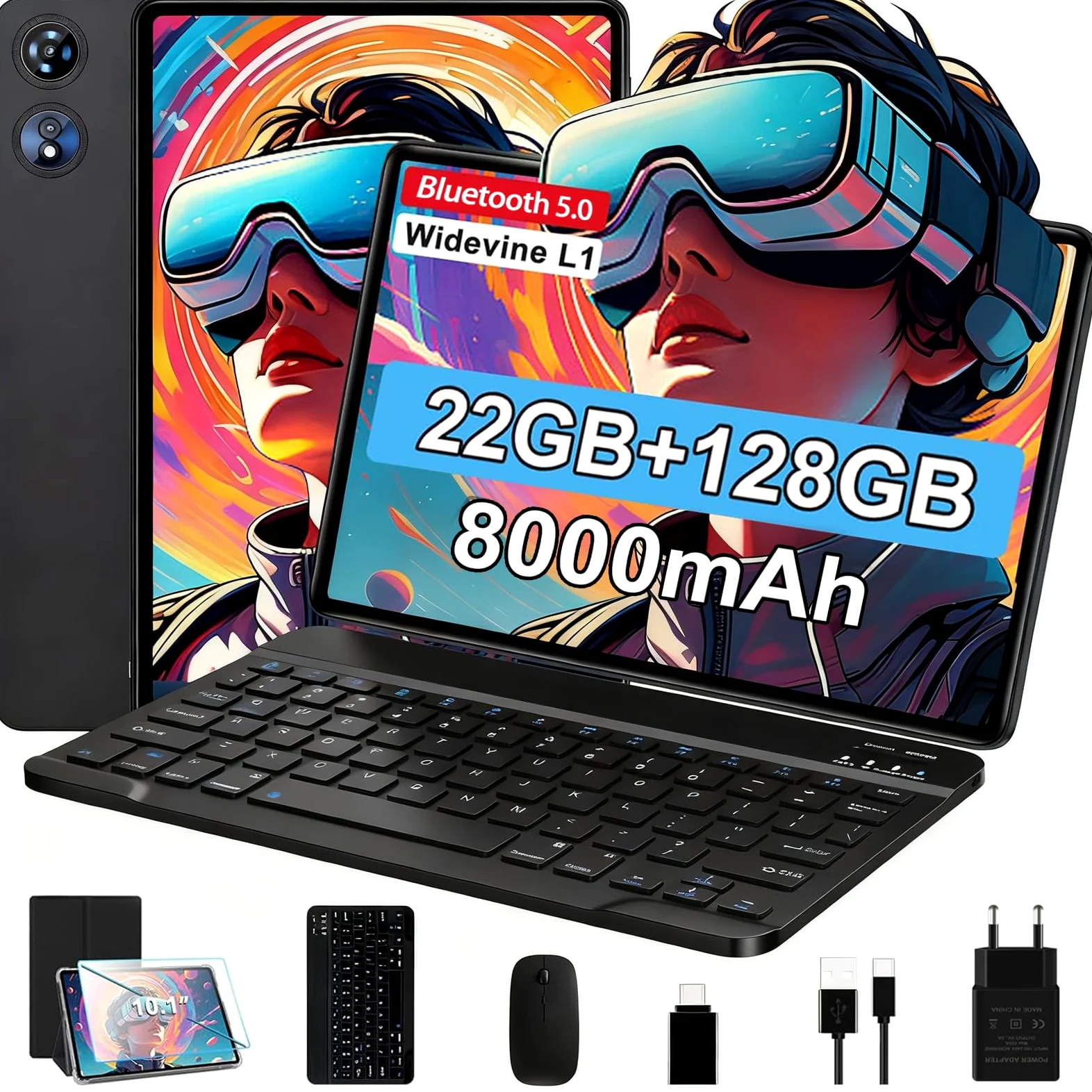 Tablet 10 Pollici Android Octa-Core, 22 GB RAM+128 GB ROM, TF 2 TB, BT 5.0, 8000 mAh, 8+5 MP, 1280 x 800 FHD IPS, GPS, Widevine L1, GMS Certificazione, 5G WiFi 6, Tablet con Tastiera e Mouse, Grey