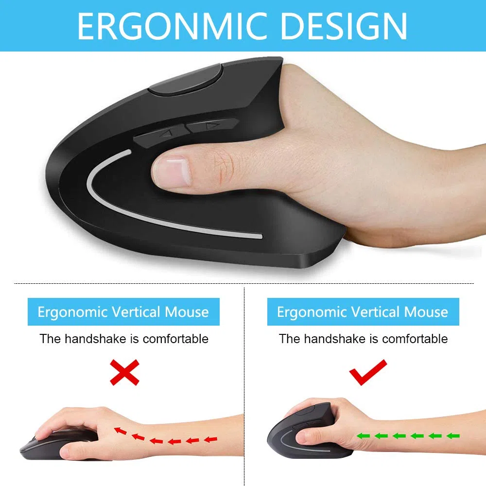 Mouse Verticale Ergonomico Wireless USB Ricaricabile Ottico 2.4G ad Alta Precisione Adjustable 800/1200/1600 DPI, 5 Pulsanti Per PC/Laptop/Mac