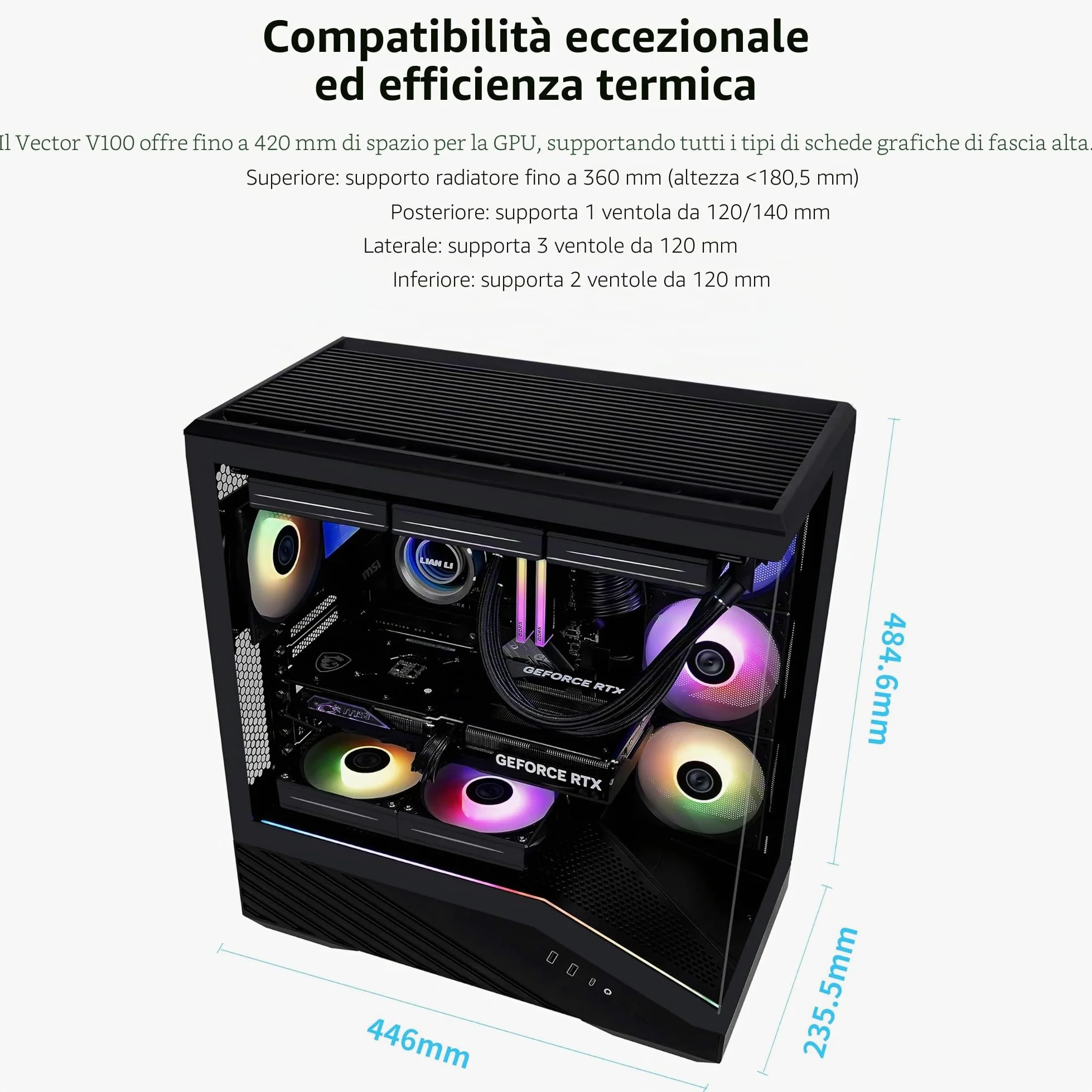 Lian Li Case per PC Mid-Tower V100 ATX, striscia LED RGB, design della piattaforma display con vetro temperato, supporto GPU da 415 mm, radiatore da 360 mm, I/O laterale e flusso d'aria ottimizzato