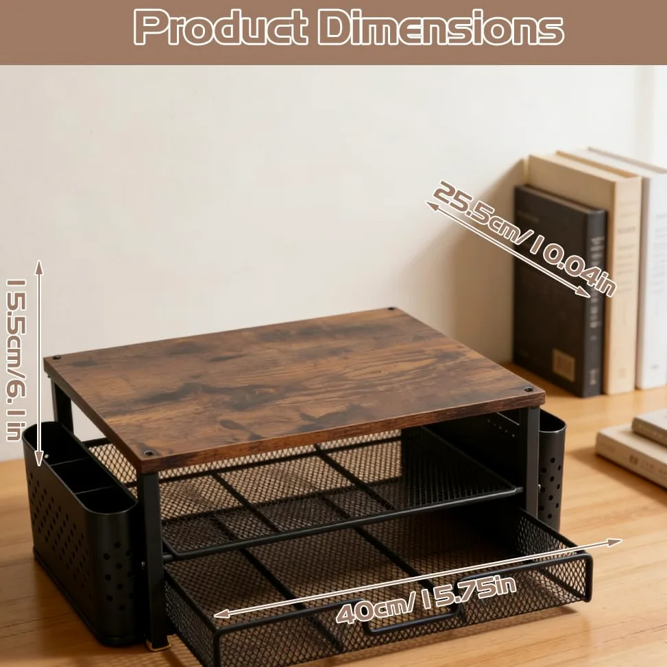 Supporto da scrivania per monitor, organizer da scrivania con 2 portapenne, cassetto, supporto ergonomico da tavolo, accessori da ufficio per schermo e laptop