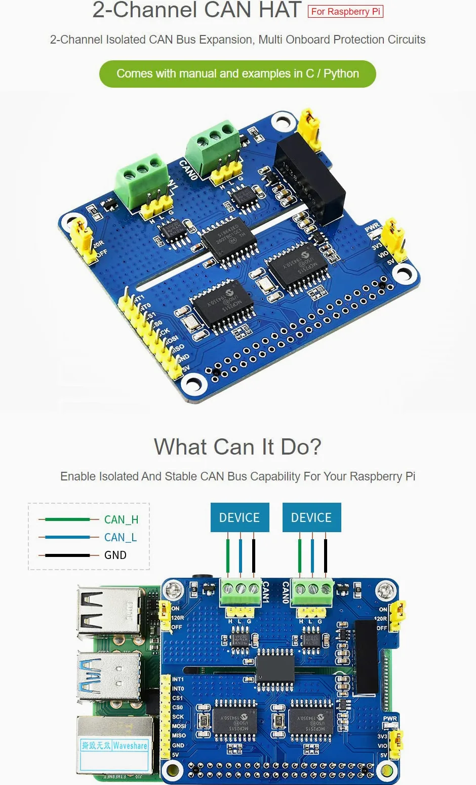 Waveshare 2-Channel Isolated CAN Expansion HAT for Raspberry Pi with MCP2515 + SN65HVD230 Dual Chips Solution and Multi Onboard Protection Circuits