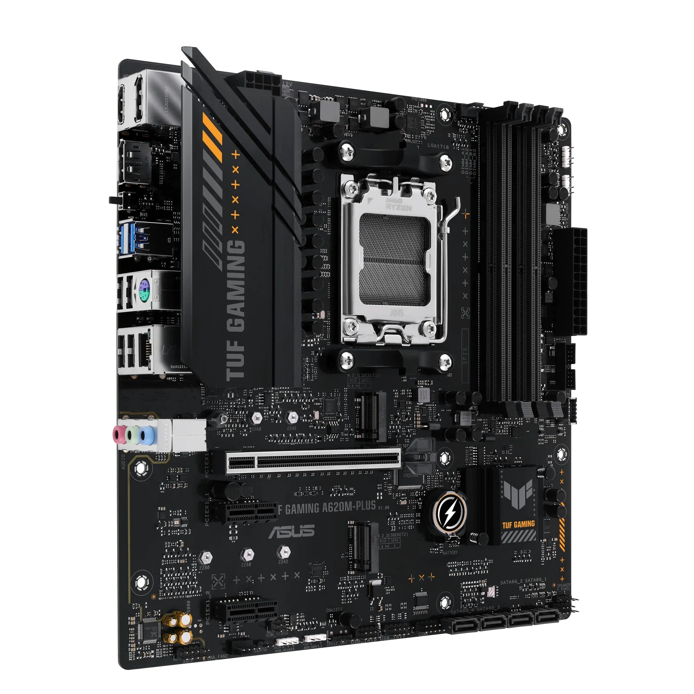 ASUS TUF GAMING A620M-PLUS Scheda madre AMD mATX, DDR5, 2 slot M.2 PCIe 4.0, Q-Latch, Ethernet Realtek 2.5Gb, 2 DisplayPort, HDMI, USB 3.2 Gen 1 Type-C, BIOS FlashBack, Cancellazione rumore, Aura Sync