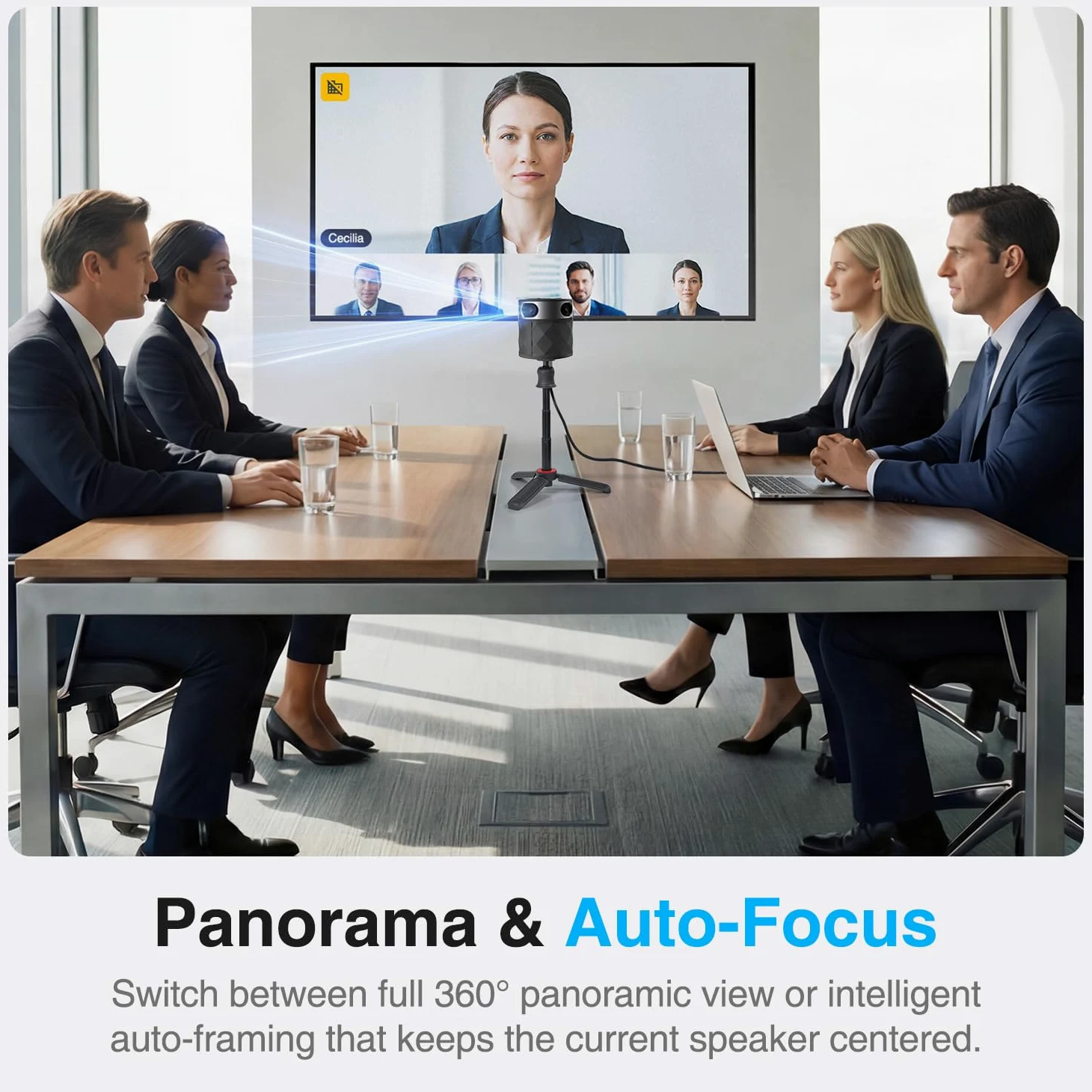 360 telecamera per conferenza all-in-one - 360° telecamera conferenza per PC e Mac, con altoparlante e microfono, riconoscimento automatico degli altoparlanti, registrazione 1080p e