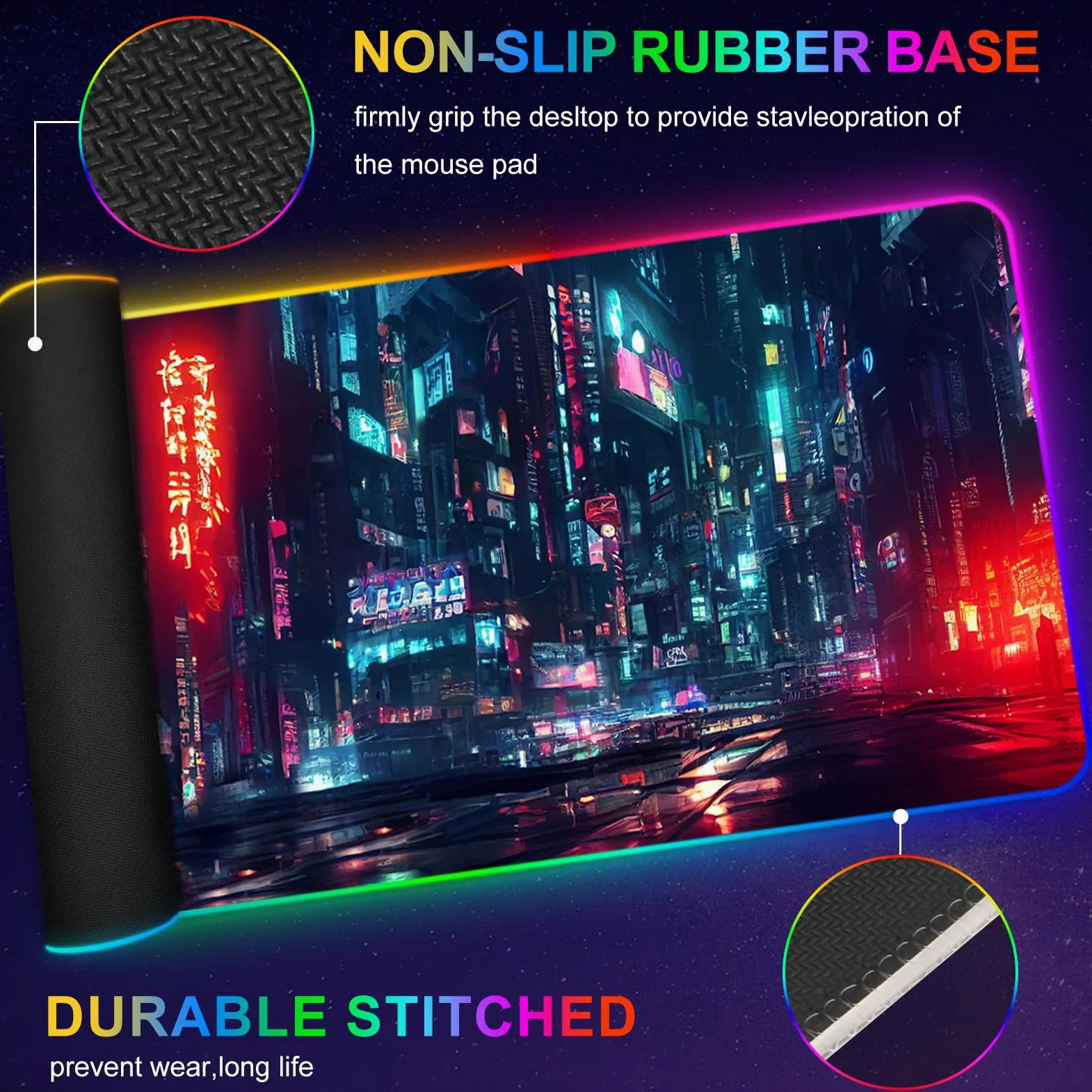 ARTSO Tappetino per mouse da gioco RGB, grande, morbido, esteso, con 14 modalità di illuminazione, 2 luminosità, resistente all'acqua, tappetino per mouse per computer, 89,9 x 40 cm, città notturna