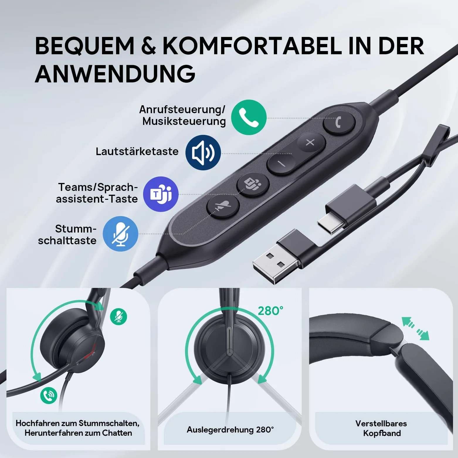 Yealink UH44 Cuffie con microfono, auricolari stereo USB con cancellazione del rumore, cuffie cablate per PC, call center, ufficio con indicatore di stato, USB-C/A, certificate Teams.