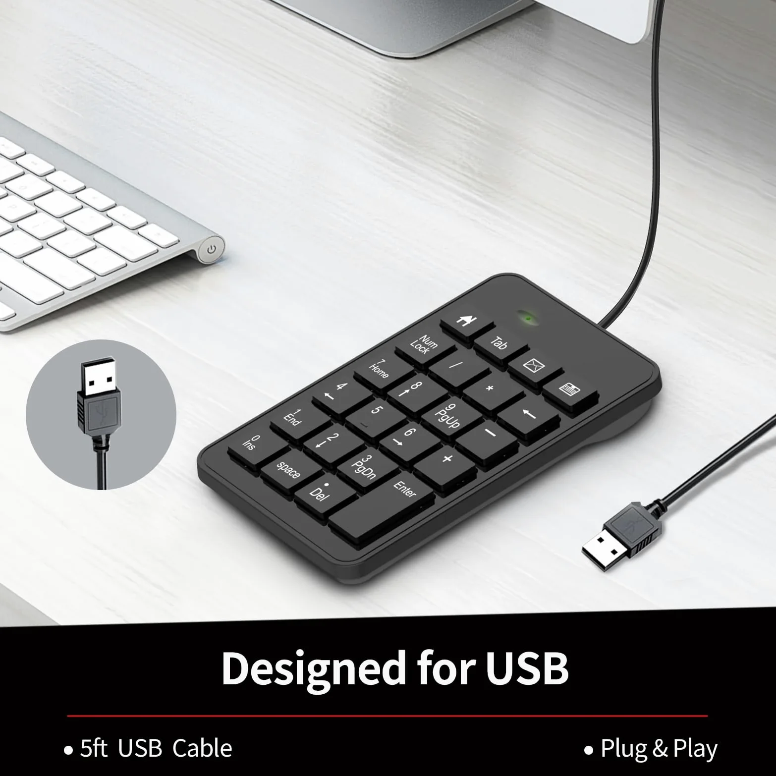 Tastiera numerica con cavo, tastierino numerico USB a 23 tasti, tastiera contabile finanziaria, accessori da ufficio per laptop, PC, desktop, computer, notebook, nero