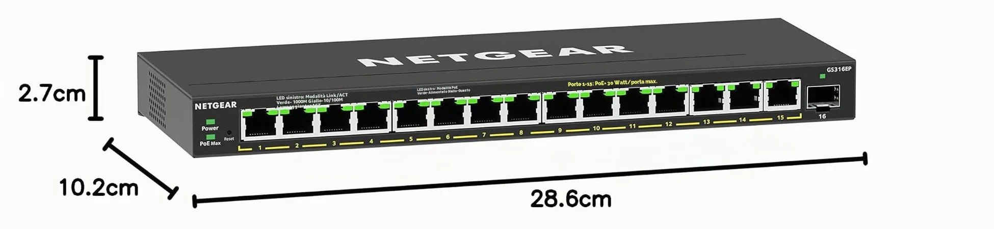 NETGEAR Switch Ethernet PoE 16 porte Unmanaged (GS316P), Switch PoE Gigabit con 16 PoE+ a 115 W, montaggio desktop o a parete