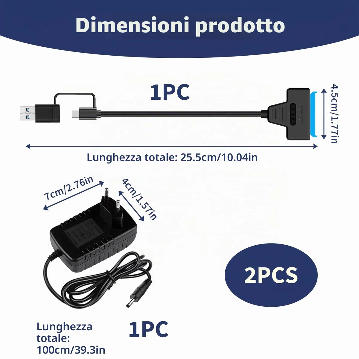 Adattatore SATA USB, Cavo SATA to USB 3.0 per Disco Rigido, Hard Drive SSD/HDD 2.5" e 3.5" con Cavo di Ricarica, Adattatore di Alimentazione 12V 2A per Trasferimento Dati, Backup e Espansione Memoria