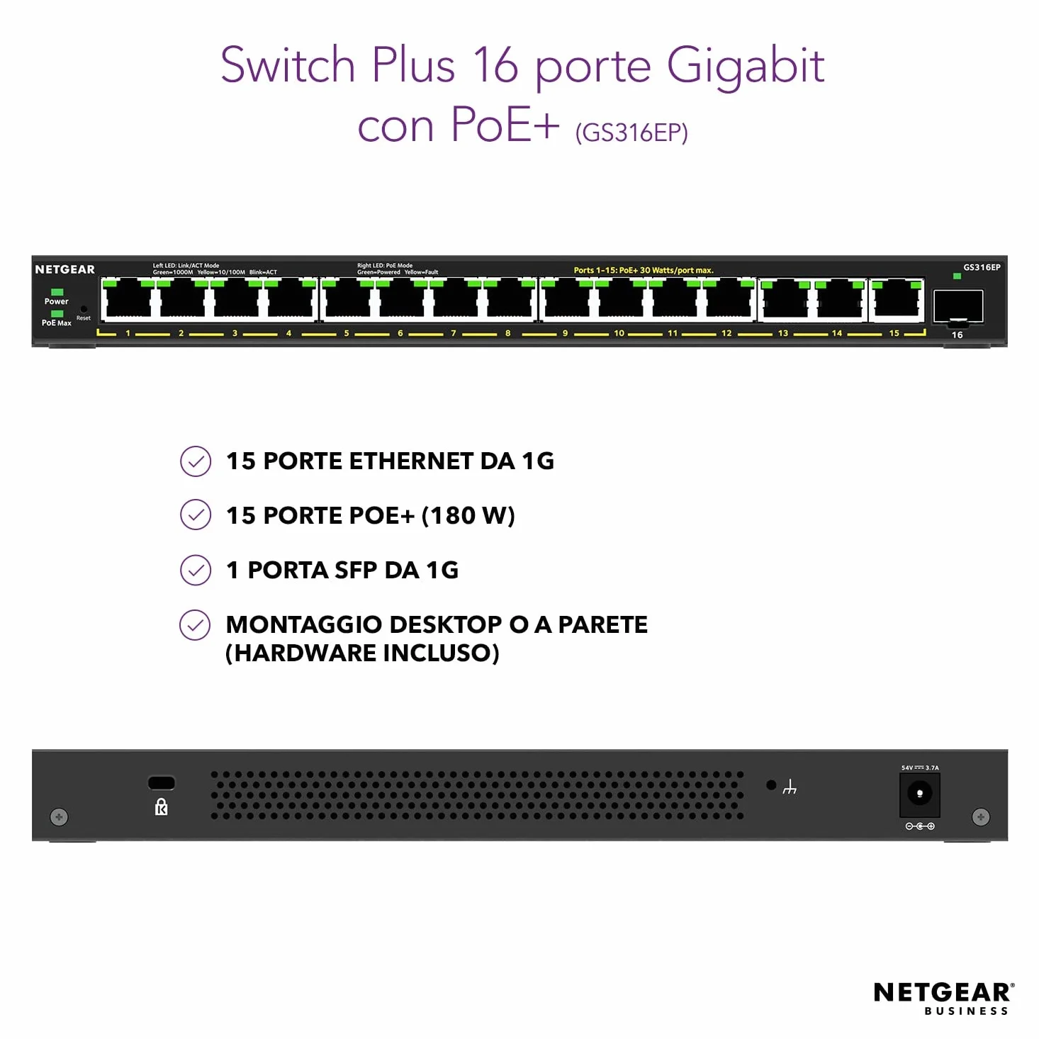NETGEAR Switch Ethernet PoE 16 porte Unmanaged (GS316P), Switch PoE Gigabit con 16 PoE+ a 115 W, montaggio desktop o a parete