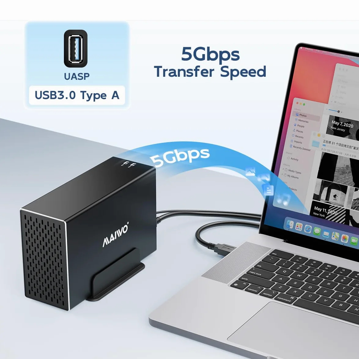 MAIWO Enclosure RAID per disco rigido a doppia baia con ventola di raffreddamento per SSD SATA da 2,5/3,5", alloggiamento HDD USB 3.0 da 5 Gbps, capacità 48 TB, RAID 0/1/JBOD/PM, custodia in alluminio