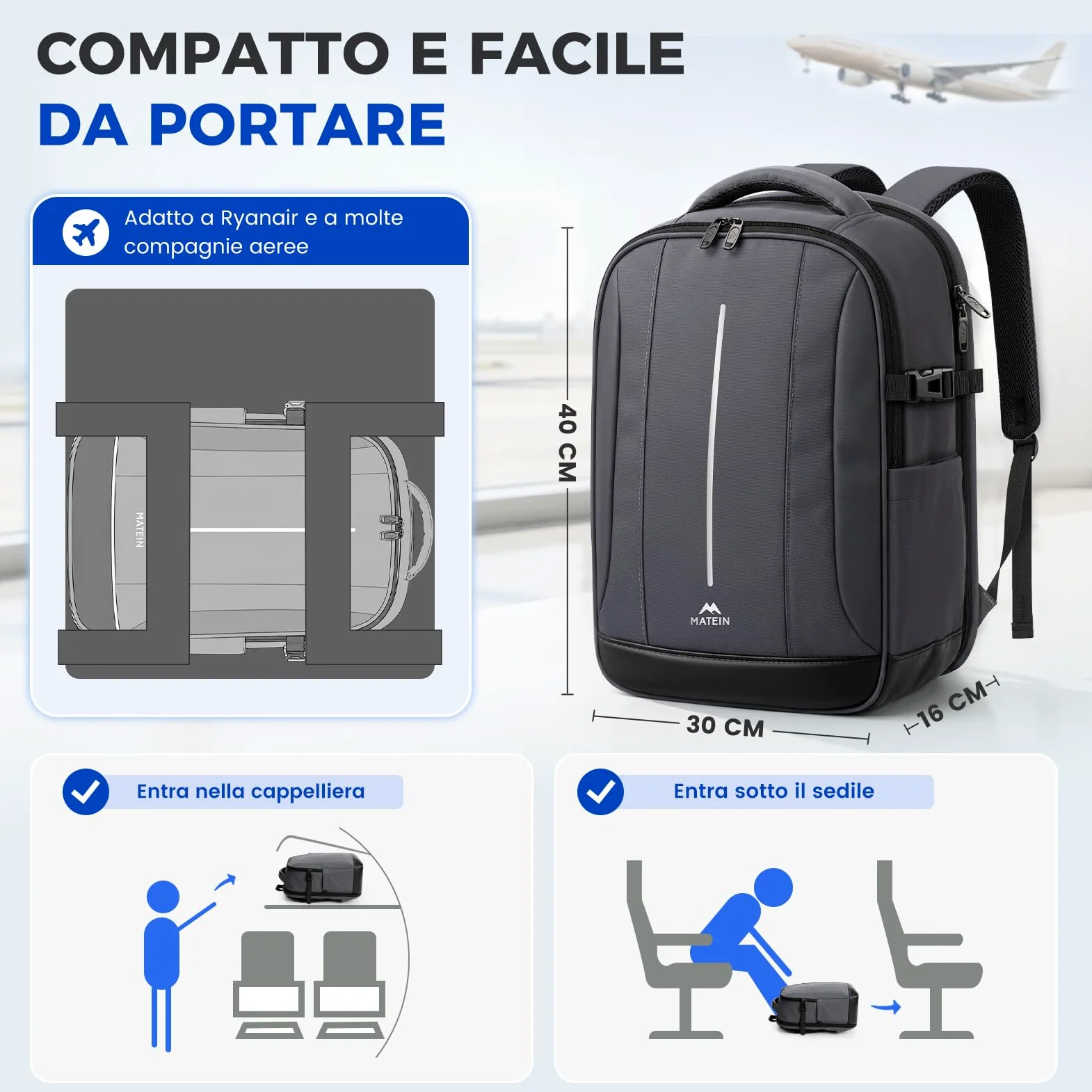 MATEIN Zaino Porta PC 15,6 Pollici, Zaino Lavoro Uomo per Laptop Notebook | Zaino PC Portatili con Custodia Organizer, Zaino Antifurto da Viaggio 40x30x16cm, per Ufficio, Viaggio e Università, Grigio