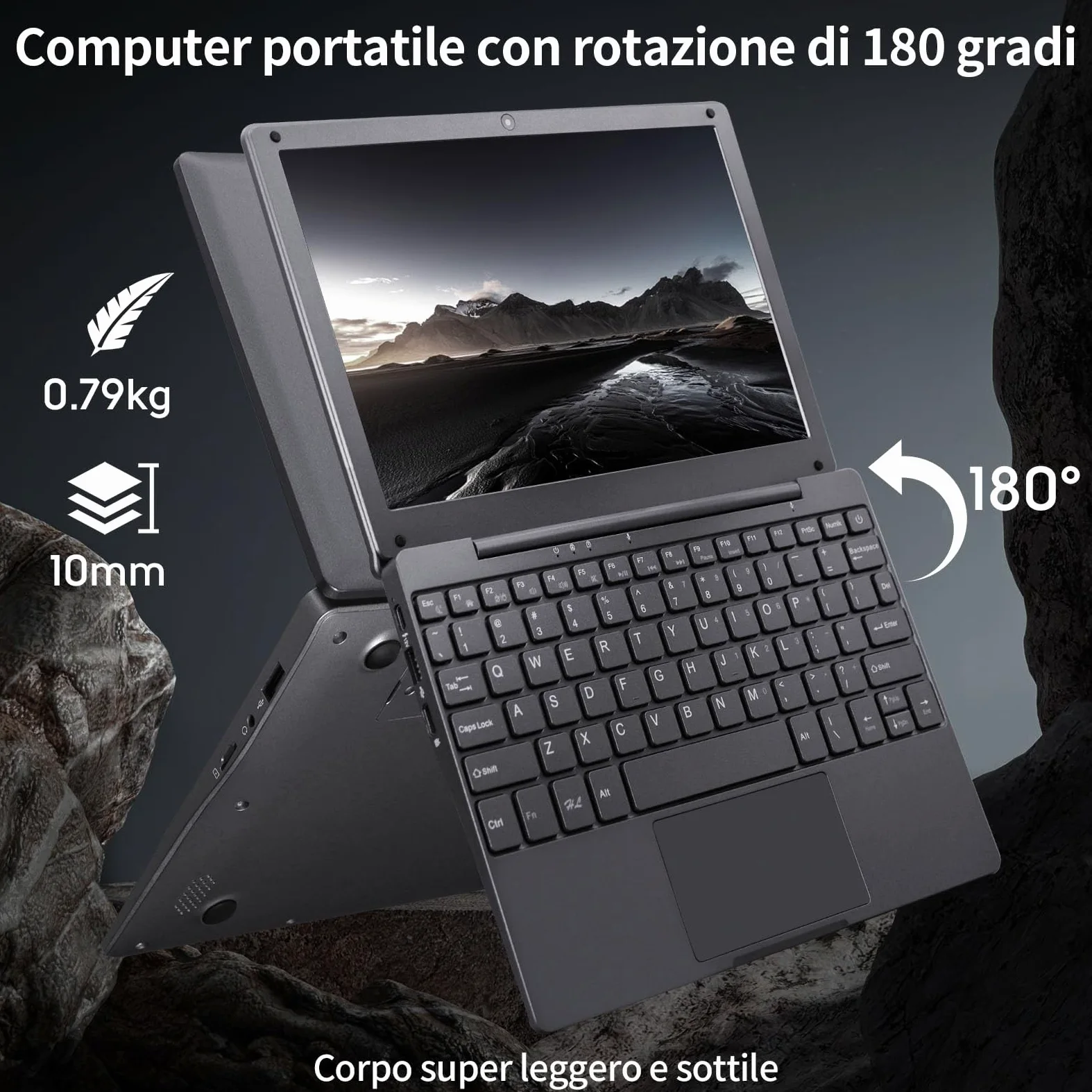 Mini Laptop 10.1 Pollici Ultrasottile 0,79 kg, Netbook Leggero Win11,Layout Tastiera Italiano, Webcam, WiFi5, Bluetooth 5.0, USB 3.0, Type-C, HDMI, Mouse Wireless (Grigio) 8GB DDR4 128GB SSD
