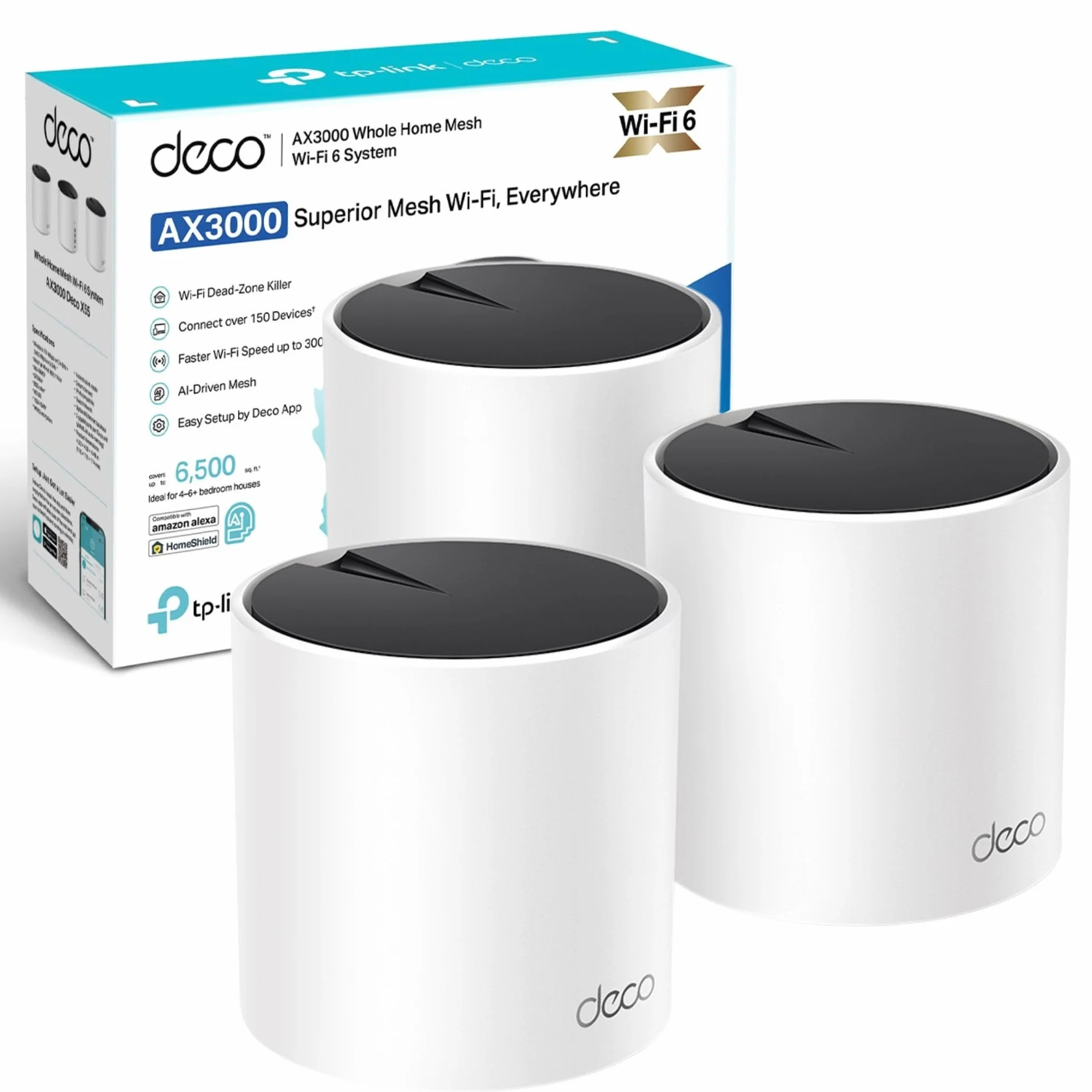 TP-Link Deco X55 AX3000 - Set di 3 sistemi Wi-Fi a rete completa, HE160, doppia banda con porte Gigabit, copertura fino a 2,5 m ², connessione fino a 150 dispositivi, funziona con Amazon Alexa,