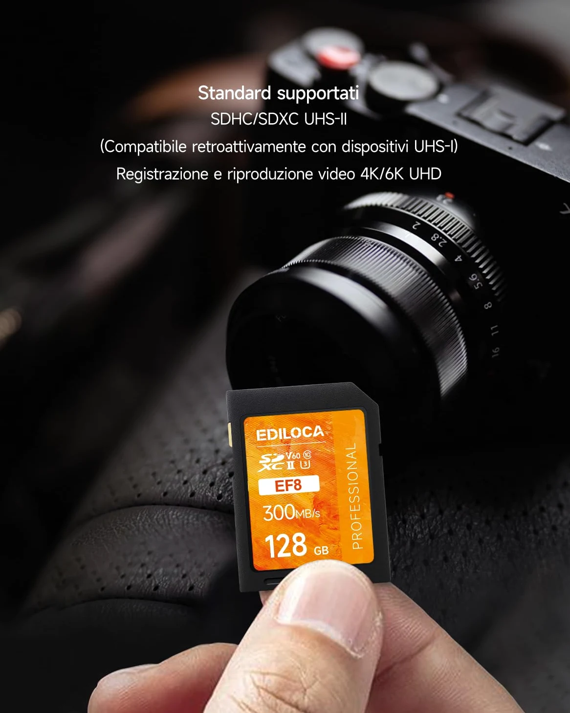 SD Card 128GB UHS-II Classe V60 per Fotocamere Professionali, Scheda SD ad Alta Velocità 300MB/s Impermeabile e Antishock, Memory Card Compatibile con Canon 4K/6K Video (EF8)
