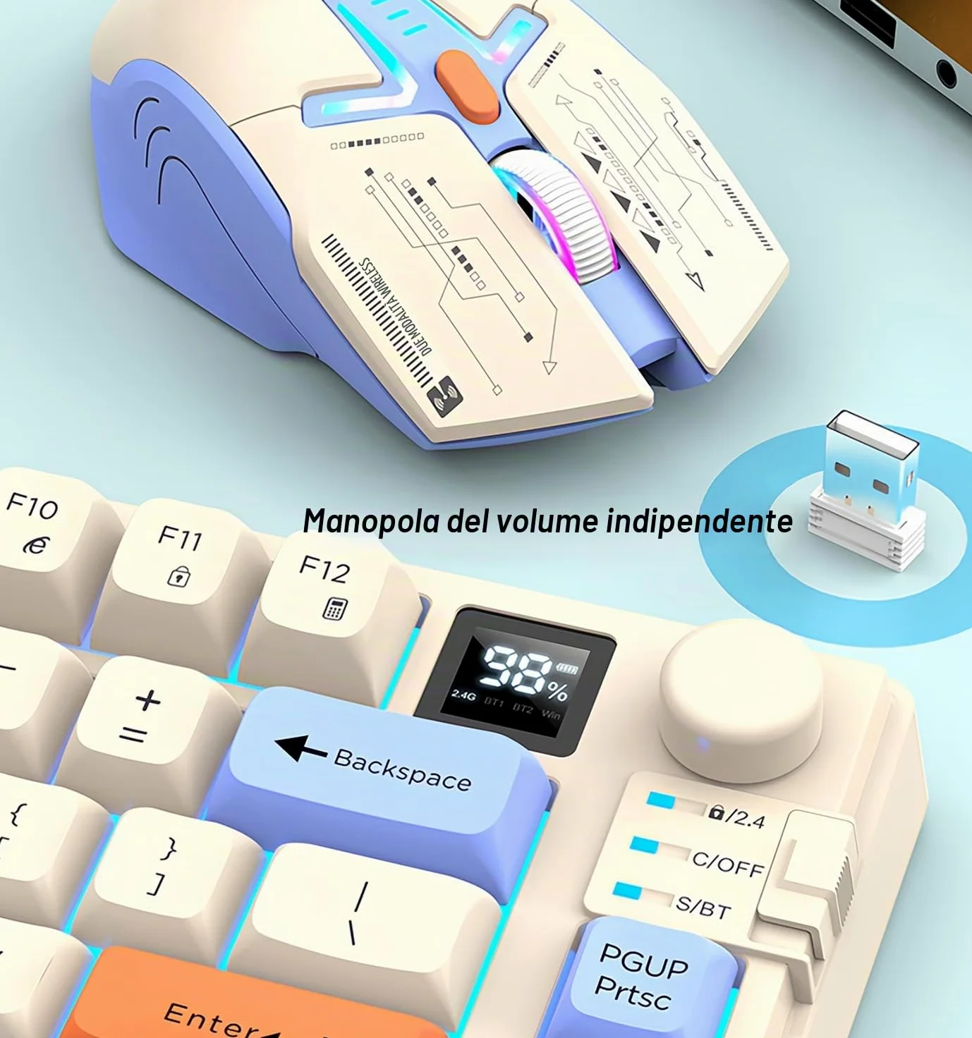 2.4G Tastiera e Mouse Wireless Combo con Dual Mode 80 Tasti Display Volume Manopola Colore Luce Mouse Ricaricabile Dpi Regolabile per Gaming PC Computer